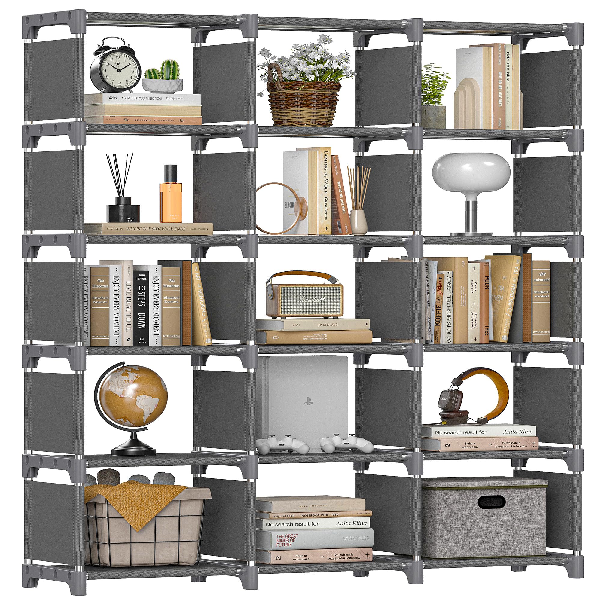 REIBII Bookshelf for Bedroom Book Shelf Organizer Bookcase Tall Book Case 15 Cube Storage Organizer Cube Shelf Gray Cubby Storage Organizer Shelves for Bedroom Living Room Closet Office DIY