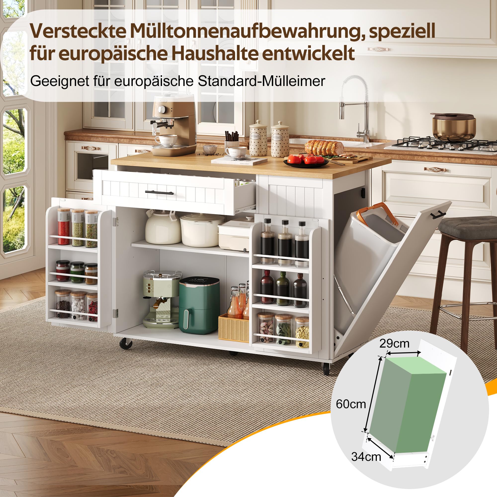Kücheninsel mit Klappbare Arbeitsplatte(45–70 cm), Hochglanz Küchenschrank mit Mülleimerschrank und Ablage über der Tür, Küchenkommode mit Feststellbare Rollen, für Esszimmer/Küchen