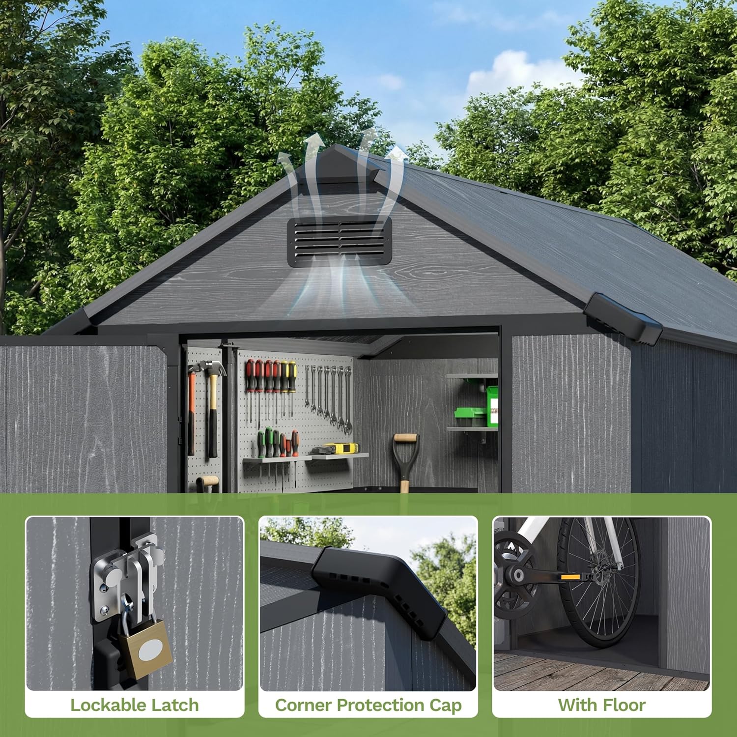Devoko 4x6 FT Plastic Outdoor Storage Shed with Floor, Resin Outdoor Shed with Lockable Door, Sloped Roof & Vent, Versatile Tool Shed for Patio Lawn Backyard, Dark Grey