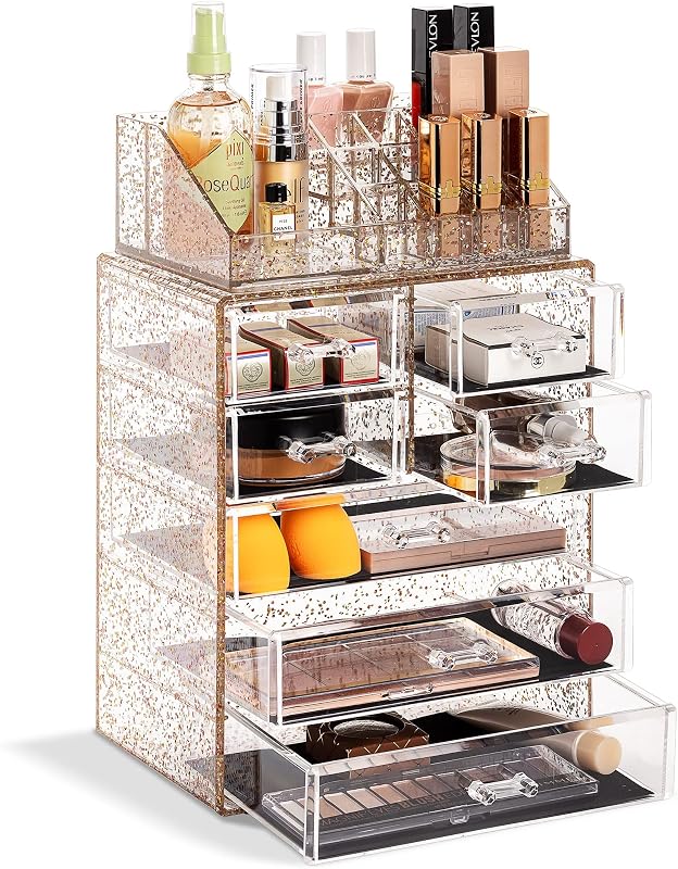Sorbus Organizador de Maquiagem em Acrílico com 7 Gavetas e 16 Divisórias, Conjunto com 2 Peças, Glitter