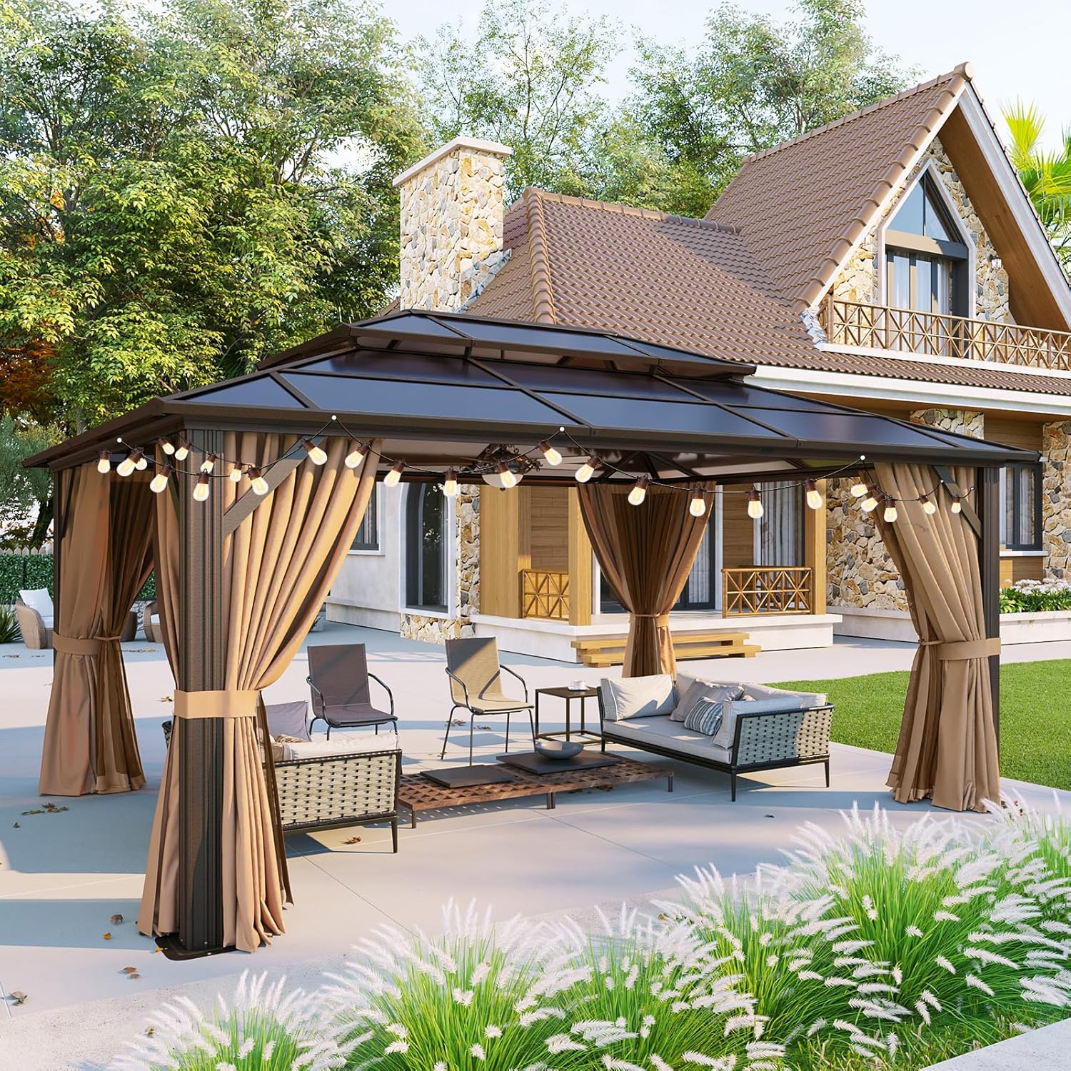 Aoxun 12'x16' Hardtop Gazebo, Aluminum Frame Permanent Pavilion with Curtains and Netting, Outdoor Polycarbonate Double Roof Canopy, and LED Outdoor Waterproof Hanging Lights
