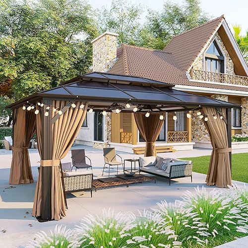 Vista 67 de Aoxun - Gazebo con techo rígido para jardines, patios con cemento o césped, pabellón permanente de policarbonato con doble techo, marco de aluminio