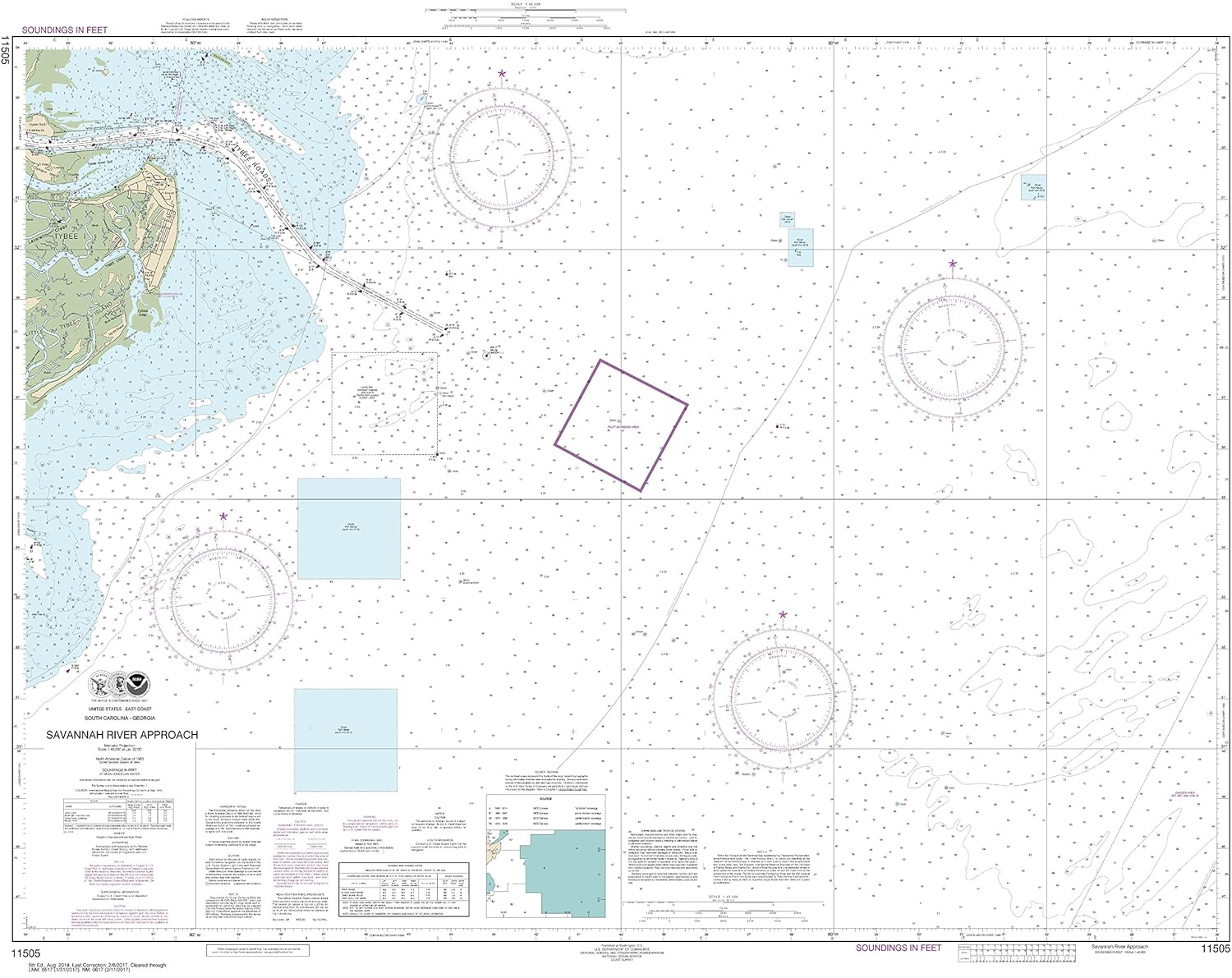 NOAA Chart 11505 Savannah River Approach: 35.62" X 44.88" Matte Plastic Map