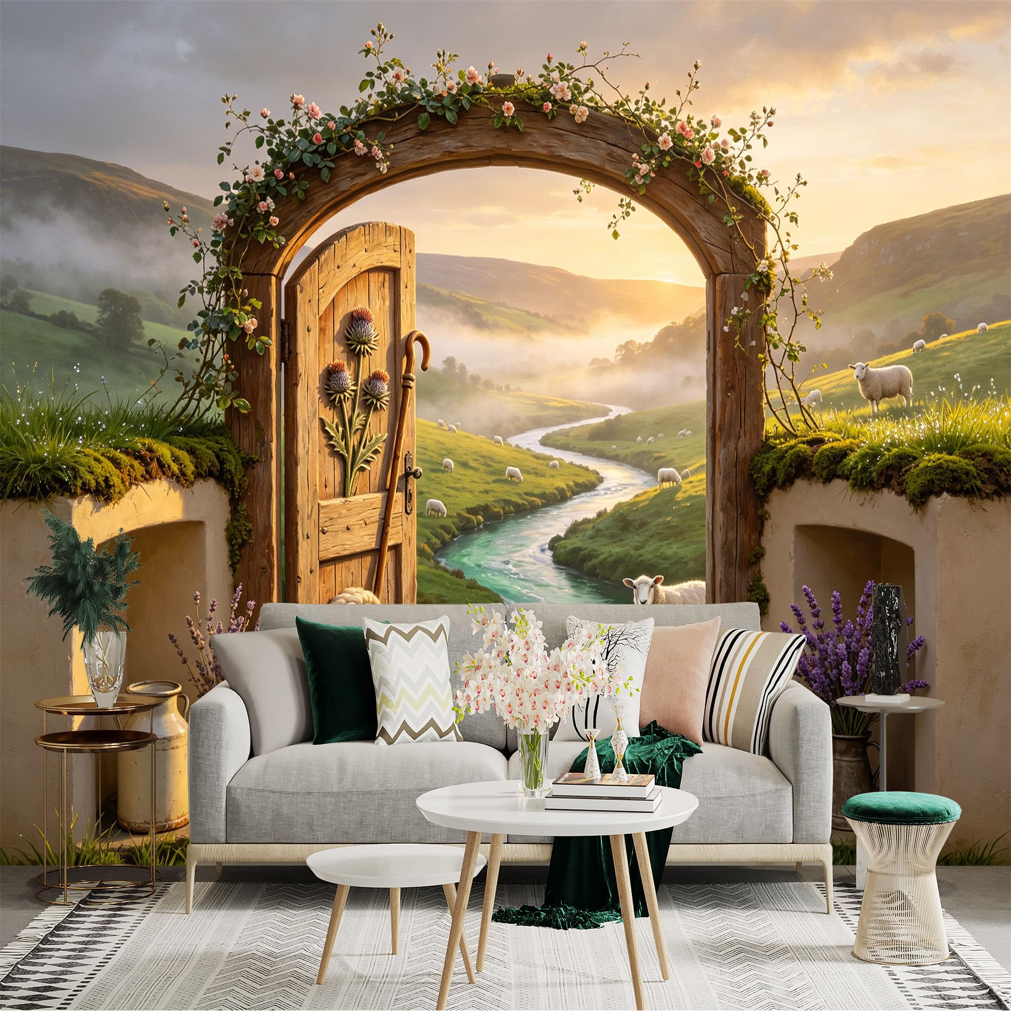 Custom Size Wall Sticker Mural， Rustic Countryside Gateway， River Valley and Sheep Landscape， for wall Decoration， peelandstick wall Decals.
