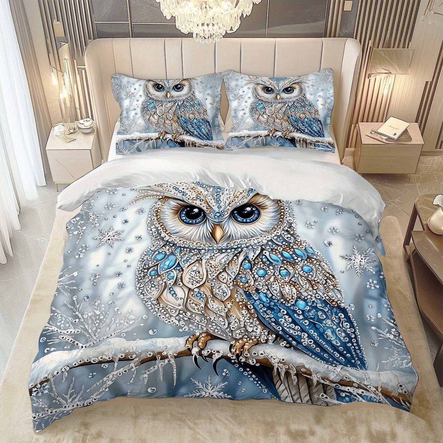 Housse de couette 240x280 cm chouette cristal évadez-vous dans un rêve enneigé