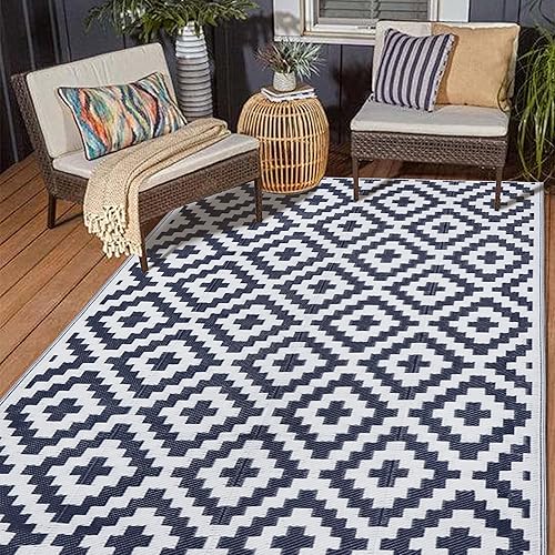 SAND MINE Reversible Mats, Plastic Straw Rug, Modern Area Rug, Large Floor Mat and Rug for Outdoors, RV, Patio, Backyard, Deck, Picnic, Beach, Trailer, Camping, Dark Blue & White, 5' x 8' - Dark Blue & White - 5 x 8 Feet