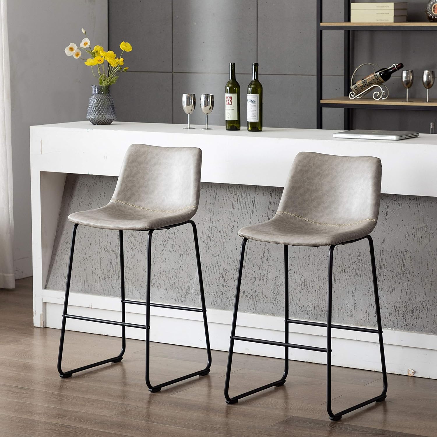 Vanity Art Set of 2 Pcs Synthetic Leather Upholstered Barstools Armless Dining Chairs with Metal Legs (Gray) UC-13HG
