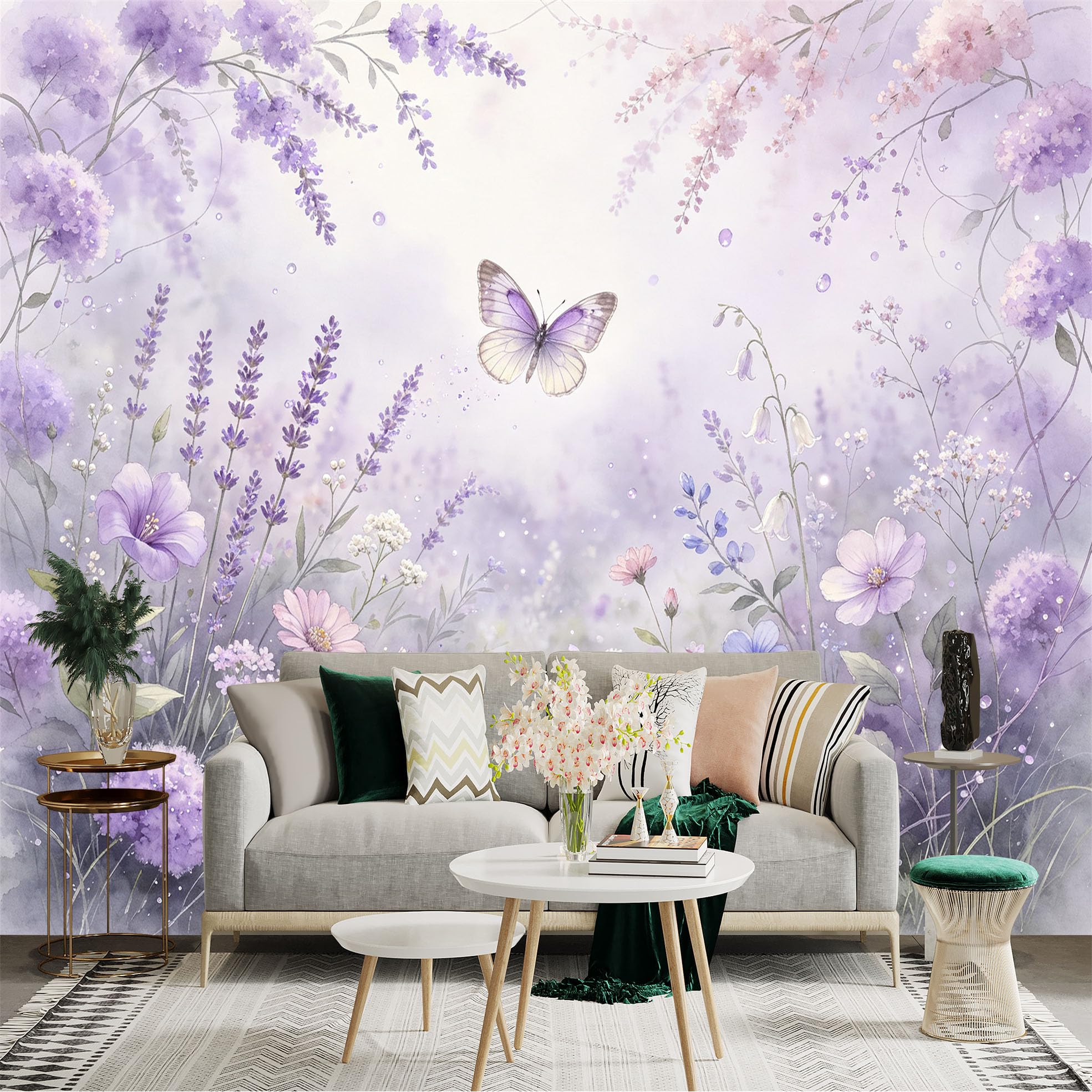 Lnzczhyre Bh260719460 Custom Size Wall Sticker Mural， Watercolor Lavender Field With Flying Butterfly， Purple Floral Meadow， For Wall Decoration， Peelandstick Wall Decals.
