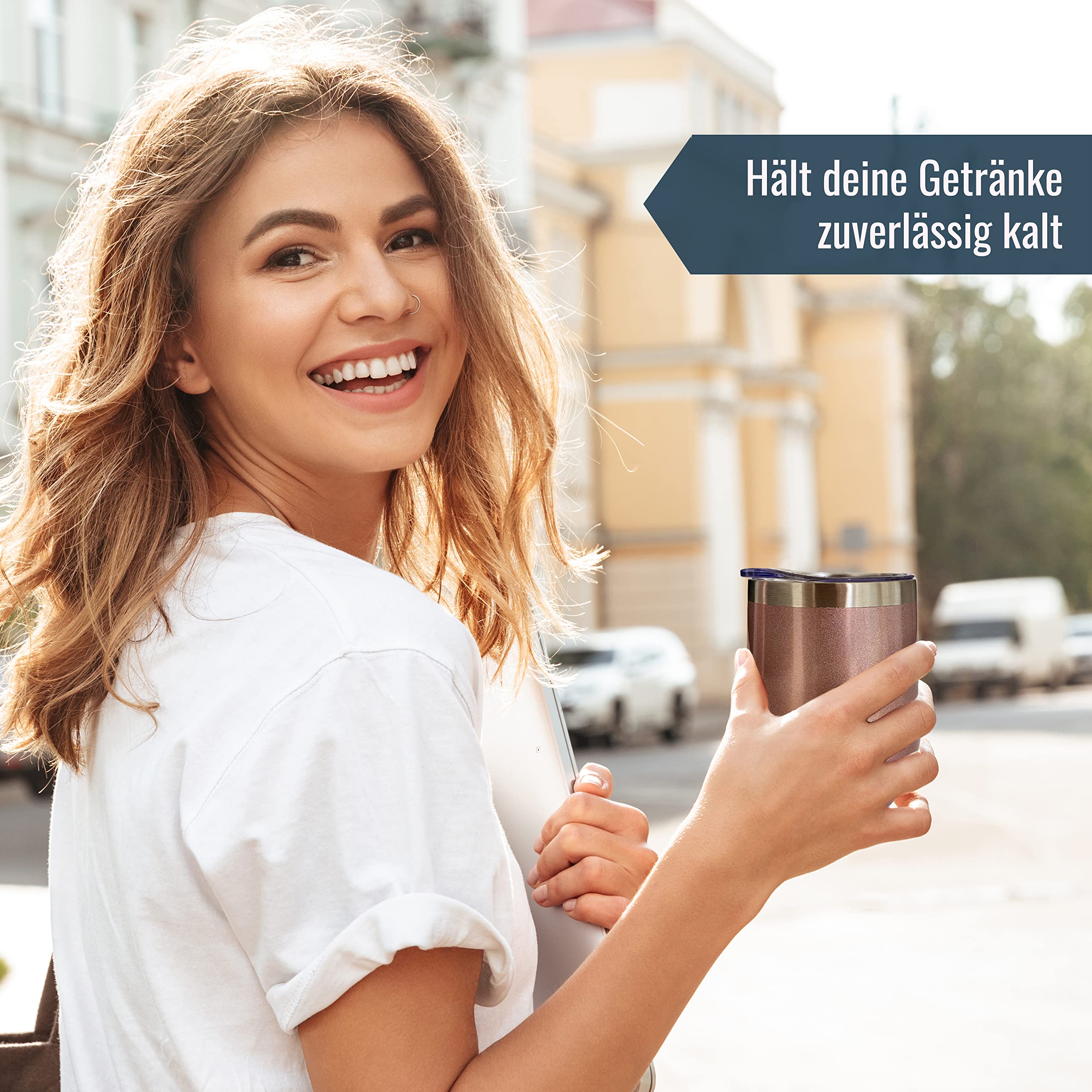 Bicchiere Termico You Are Awesome - Acciaio Inox 350ml Con Coperchio, Regalo Divertente Rosa Oro - Foto 3