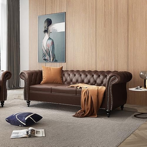 Miniatura 14 de ONCIN Chesterfield - Sofá de cuero para sala de estar, sofá de 3 plazas, sofá copetudo, piel sintética con brazos enrollados y cabeza de clavo para