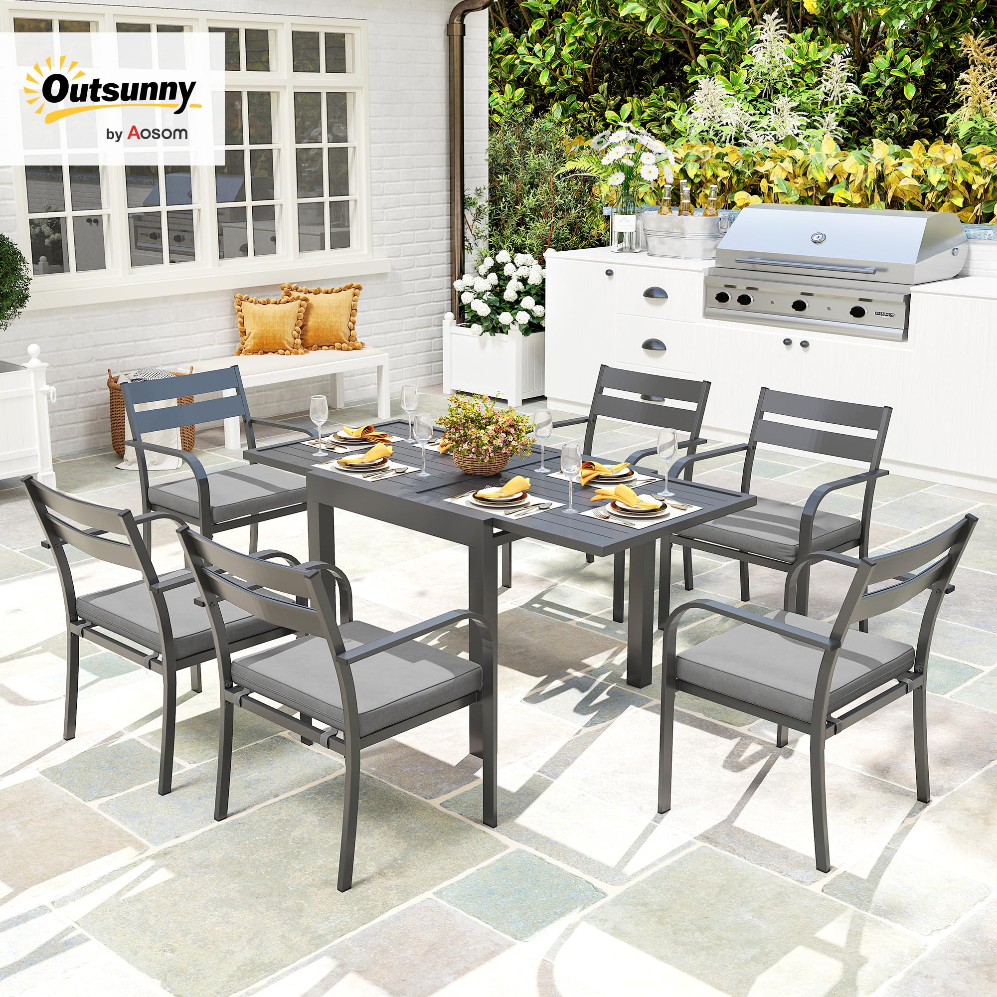 Outsunny Set Tavolo da Giardino con Sedie da 7 Pezzi, Set da Pranzo con Tavolo Allungabile, 6 Sedie da Esterno Impilabili con Braccioli e Cuscini, Set di Mobili a Doghe in Acciaio Alluminio, Grigio