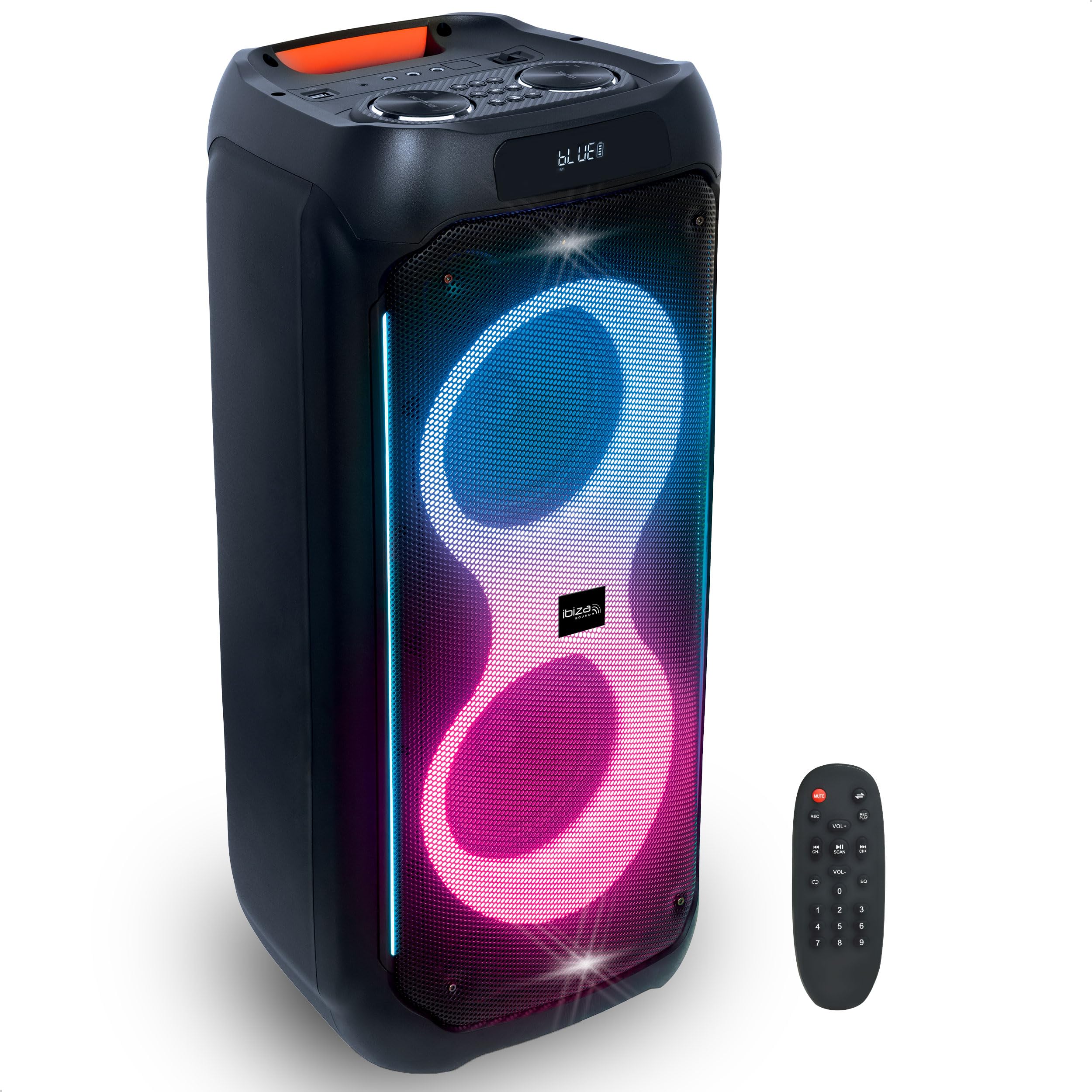 Ibiza - COLUMBA800 - Leistungsstarker 2x8/20cm Akku-Lautsprecher - Bluetooth, Micro-SD, USB, Aux, 2 MIC IN, 1 GT IN, RCA Out - TWS - Mehrfarbige Endlos-LED - Handgriff