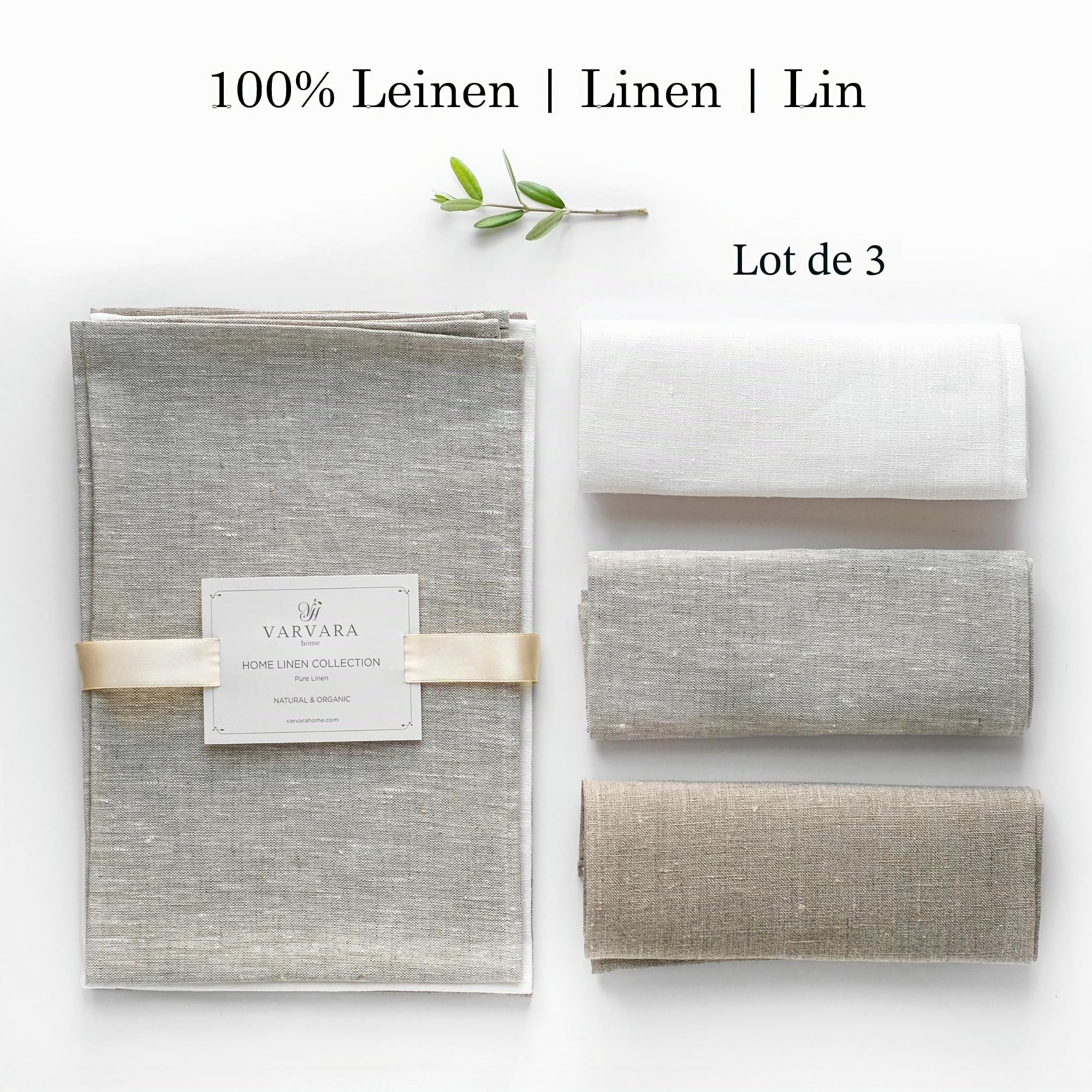 3 Torchons de cuisine en lin - 50 x 70 cm - 100% lin - Blanc + Naturel + Beige