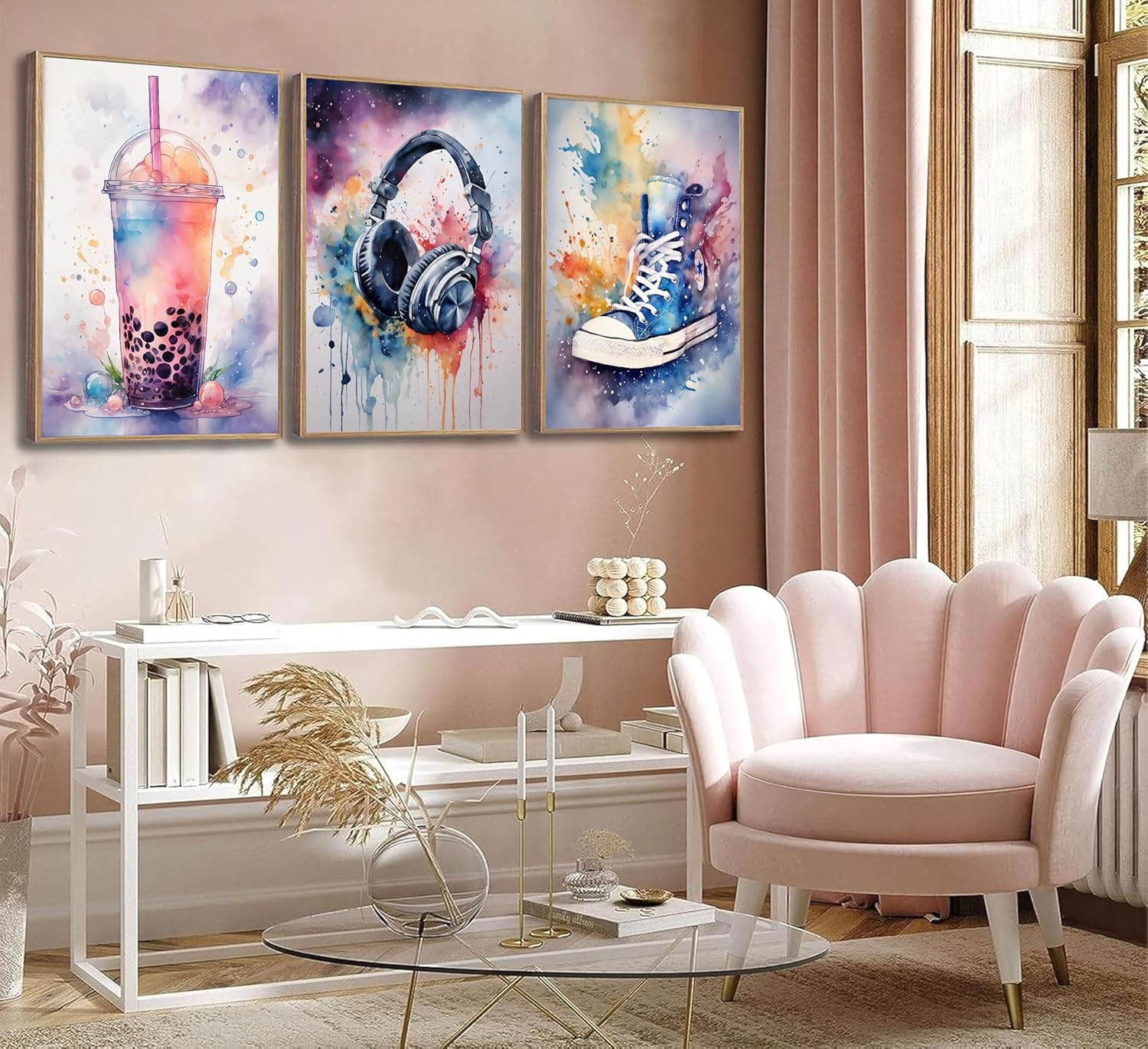 UNDDISINS 3Pcs Teen Girls Bedroom Canvas Wall Art Teenager Pink and Purple Splash Picture Drinks Canvas Shoes Earphone Posters Painting Prints Wall Decor for Girls College Apartment Bedroom Unframed