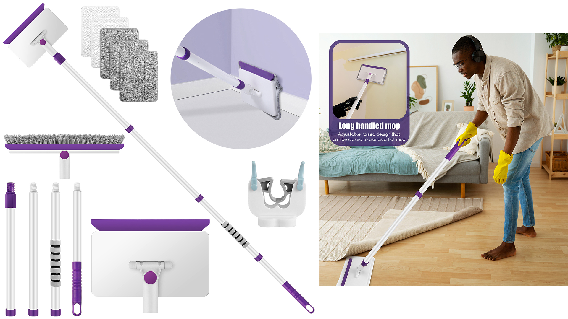 Baseboard Cleaner Tool with Handle, 60 Extendable Long Handle Baseboard Cleaner with 5 Reusable Pads for Baseboards Cleaning, Ceiling, Wall, Floor, Bathroom Kitchen