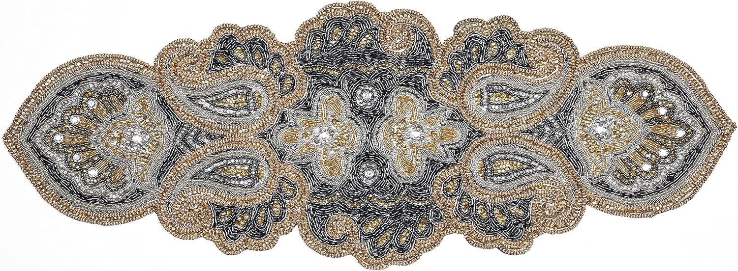 GFI Linen Clubs Hand Made Beaded Table Runner Inch in Mini Paisley Design Teal Silver Gold Colors, Produced by Skilled Village Artisans in India - (13x36, Navy Charcoal White)