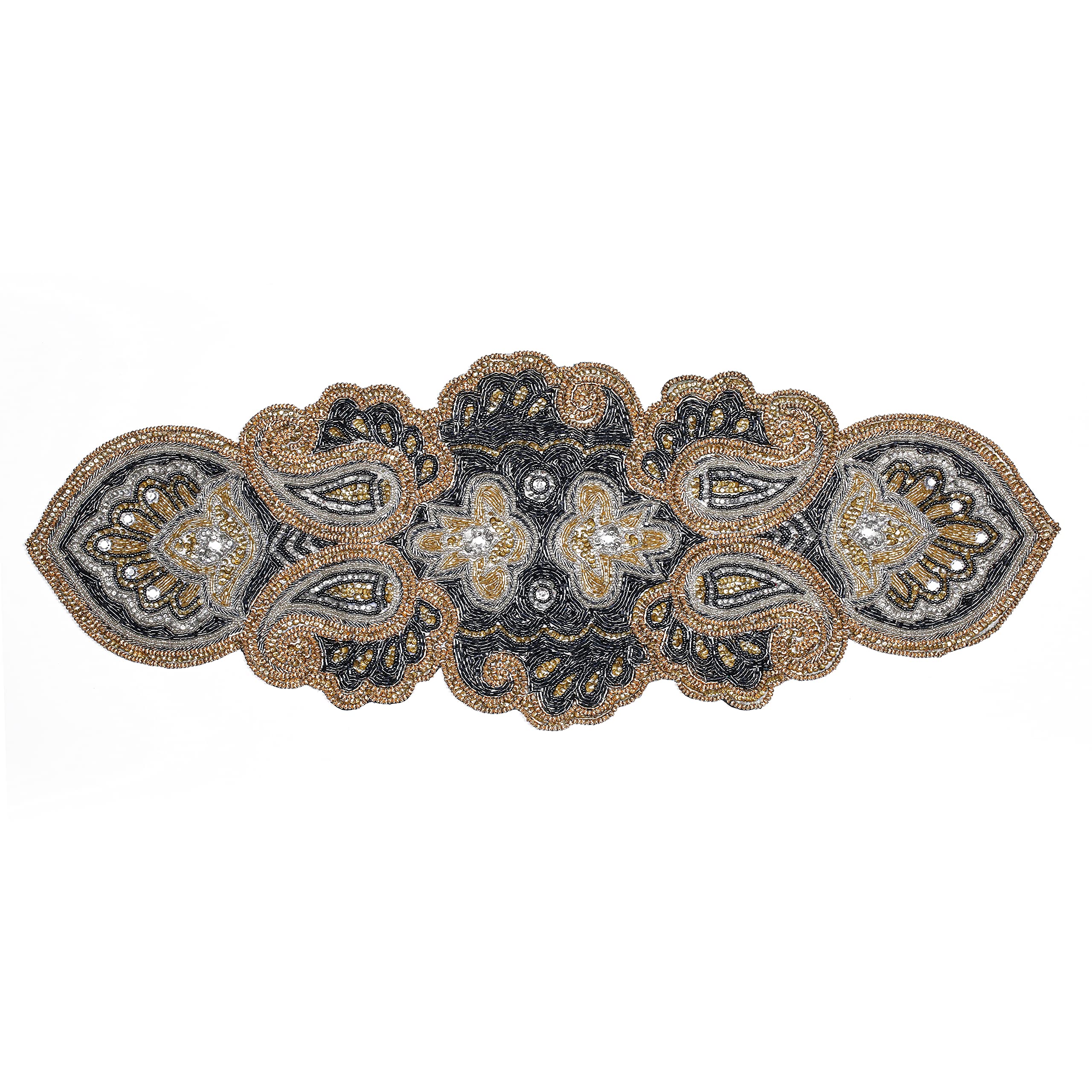 Linen Clubs Charcoal Silver Gold Hand Made Beaded Table Runner 13X36 Inch In Mini Paisley Design Colors,Produced By Skilled Village Artisans In India - A Beautiful Complements To Dinner