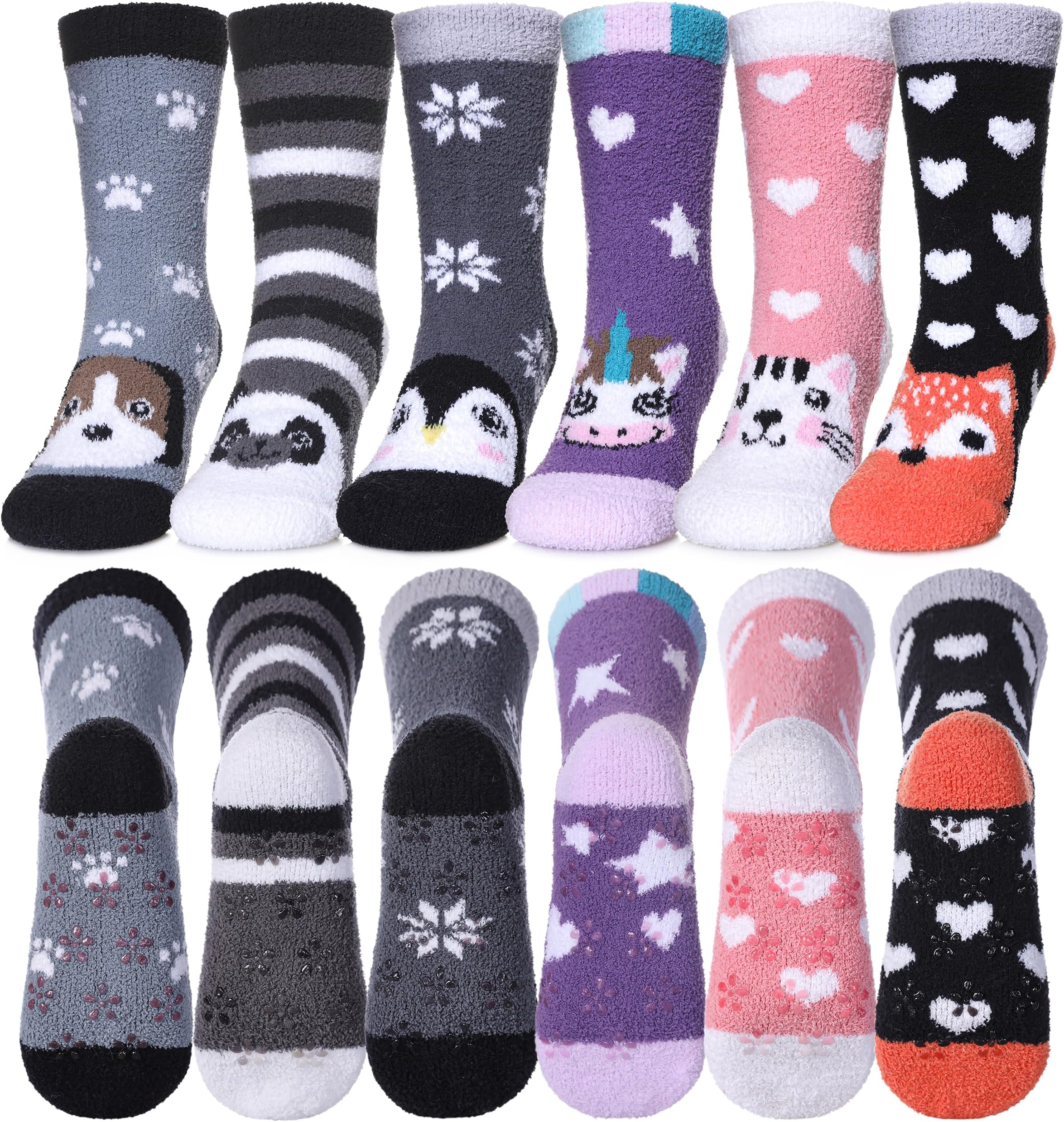Kids Fuzzy Socks, Toddlers Non Slip Socks Boys Girls Cute Cozy Winter Warm Crew Socks with Grips 6 Pairs