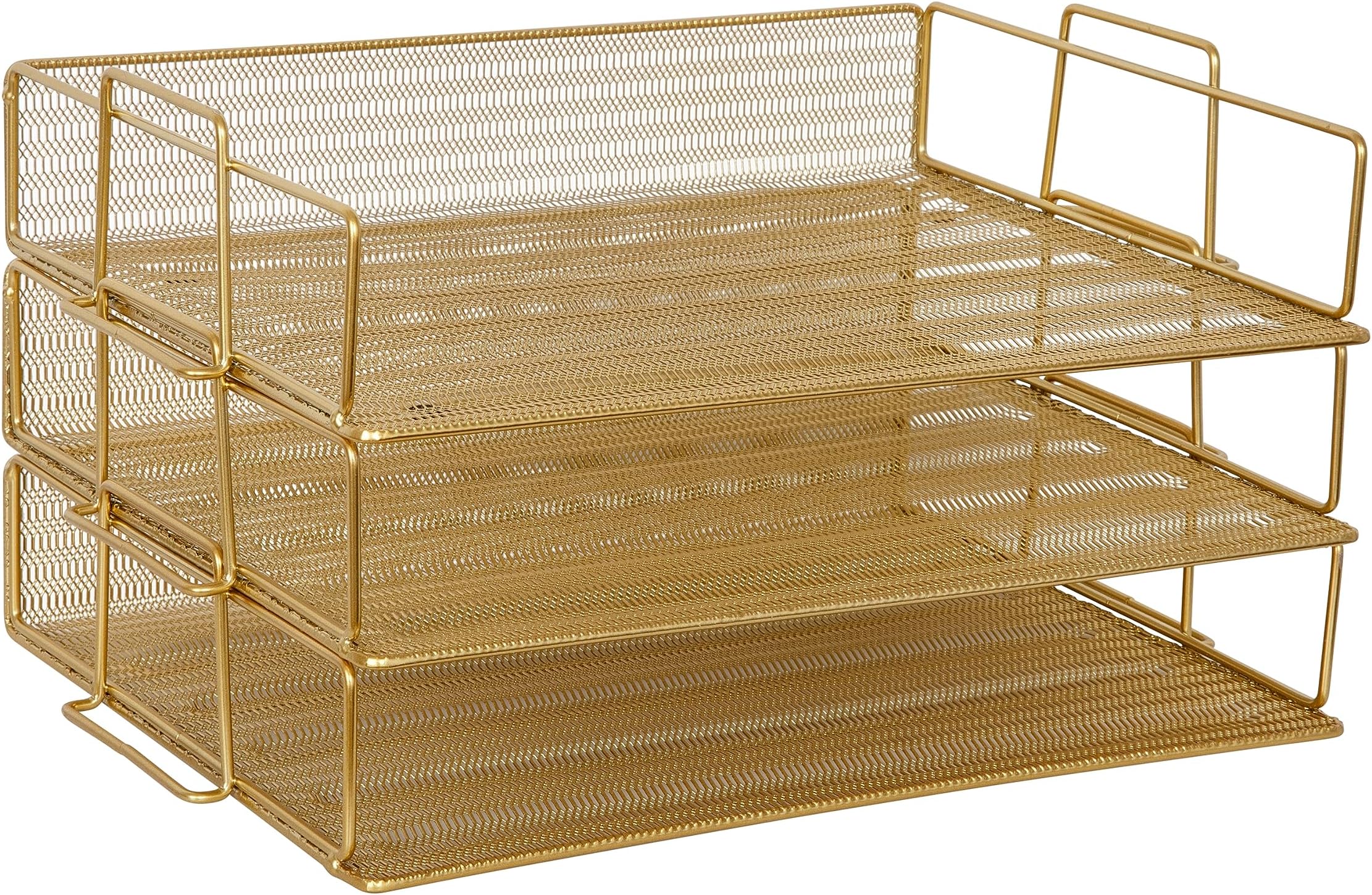Martha Stewart Ryder 3 Tier Desk Letter Tray Organizer, Stackable Steel Mesh Inbox Tray for Files, Papers, or Letters, Gold