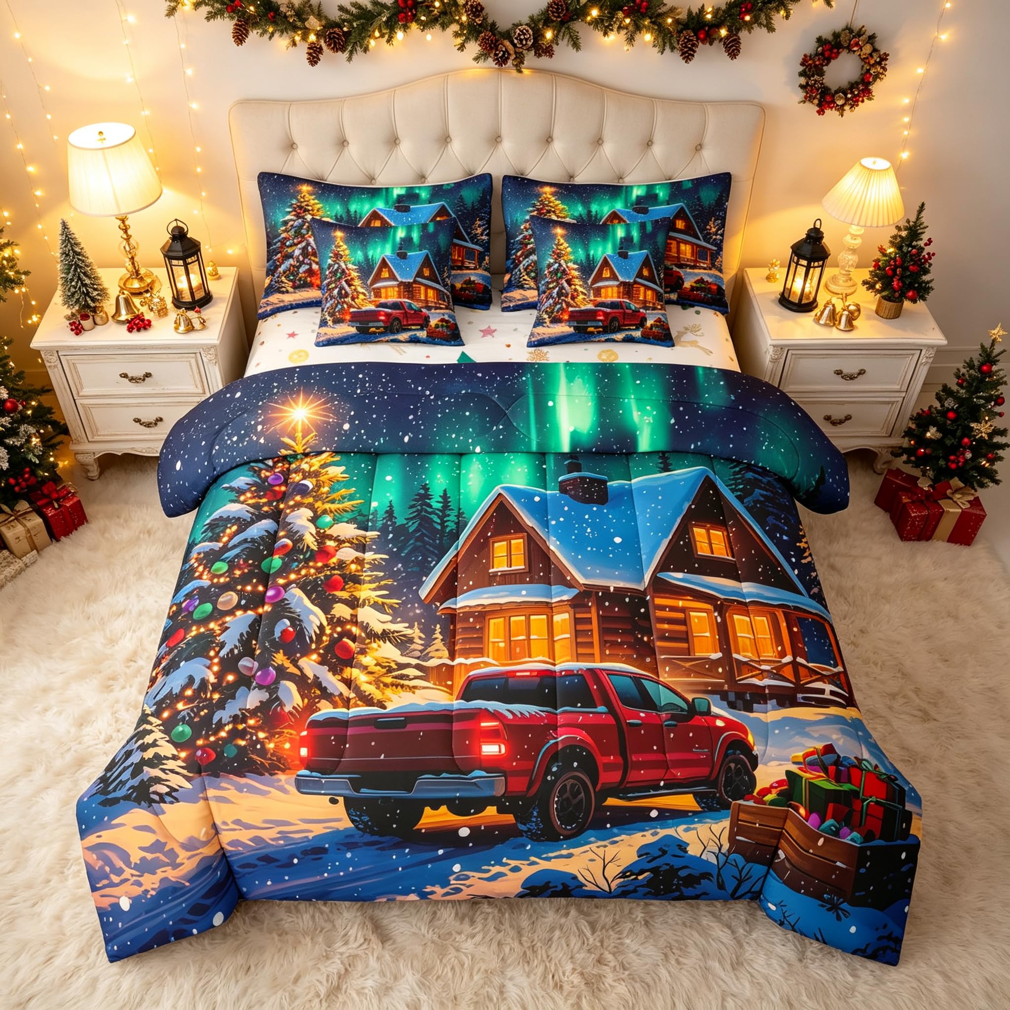 Amazon.com: Manfei Vintage Red Xmas Truck 7 Piece Bedding Set