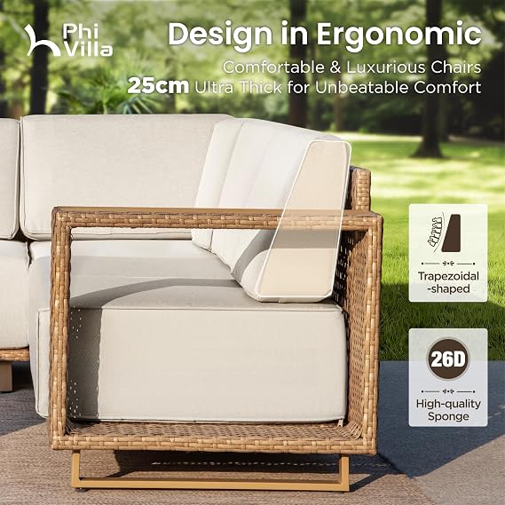 PHI VILLA Rattan Garden Furniture Sets with Thickened 25cm Cushions, 4 Seater L Shaped Outdoor Corner Sofa, Modular Patio Lounge Set for Backyard, Beige