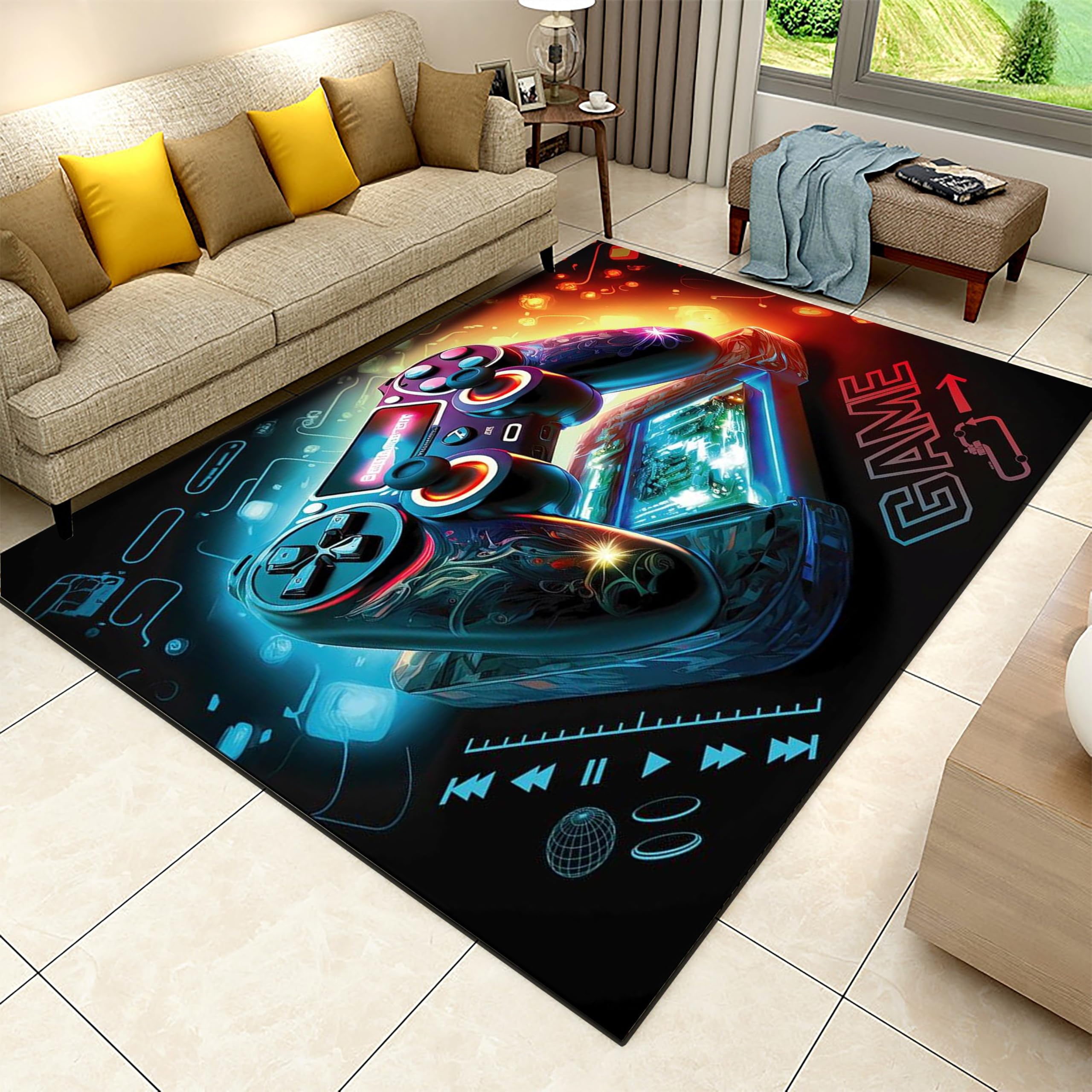 SMXVRC Gaming Area Rugs, 160x230cm, 3D Game Console Decor Carpet, Video Game Design Washable Rug, Foldable Soft Reduce Noise Throw Rug for Bedside Bedroom Runner