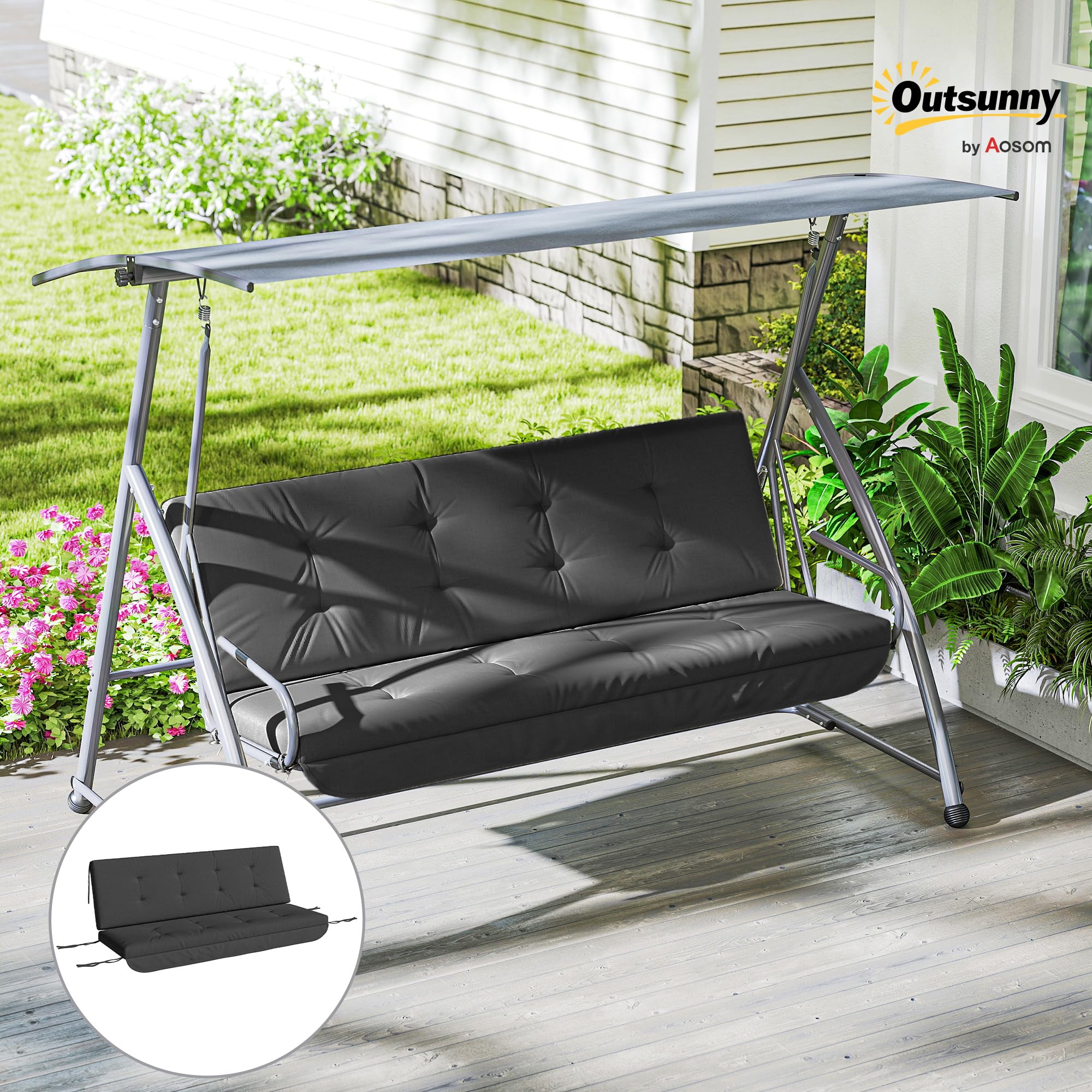 Outsunny Set de coussins pour balançoire hollywoodienne 170 cm Coussin de chaise Coussin de balançoire Coussin d'assise Balançoire de jardin Coussin de dos Coussin latéral Gris foncé