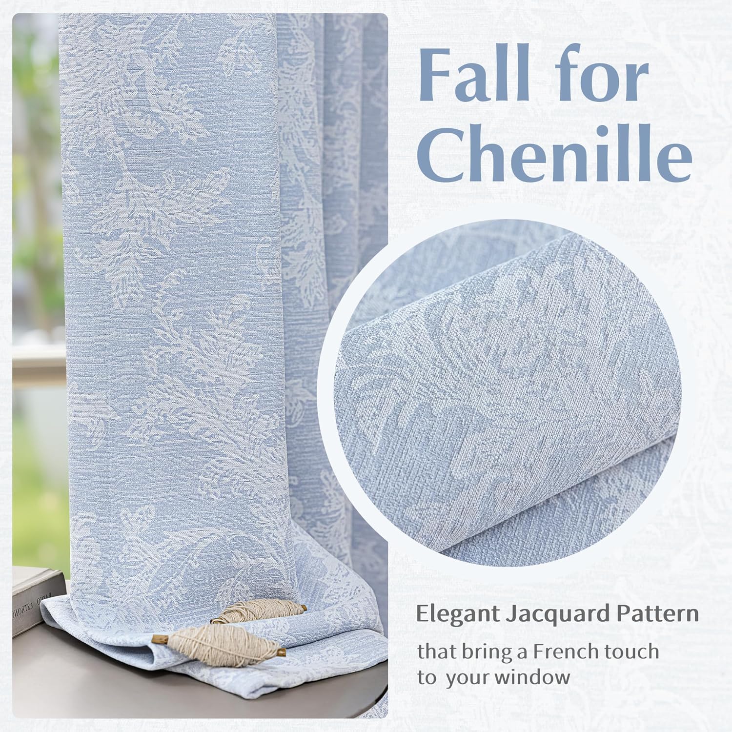 FMFUNCTEX Blue Floral Jacquard Blackout Curtains 84 Inches Long for Bedroom, Scroll Flower Chenille Farmhouse Curtains for Living Room Darkening Thermal Insulated Grommet Window Drapes 2 Panels