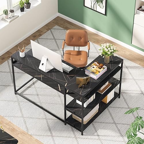 Miniatura 3 de Tribesigns Escritorio reversible en forma de L con estante de almacenamiento escritorio industrial de esquina de 53 pulgadas con estantes y soporte