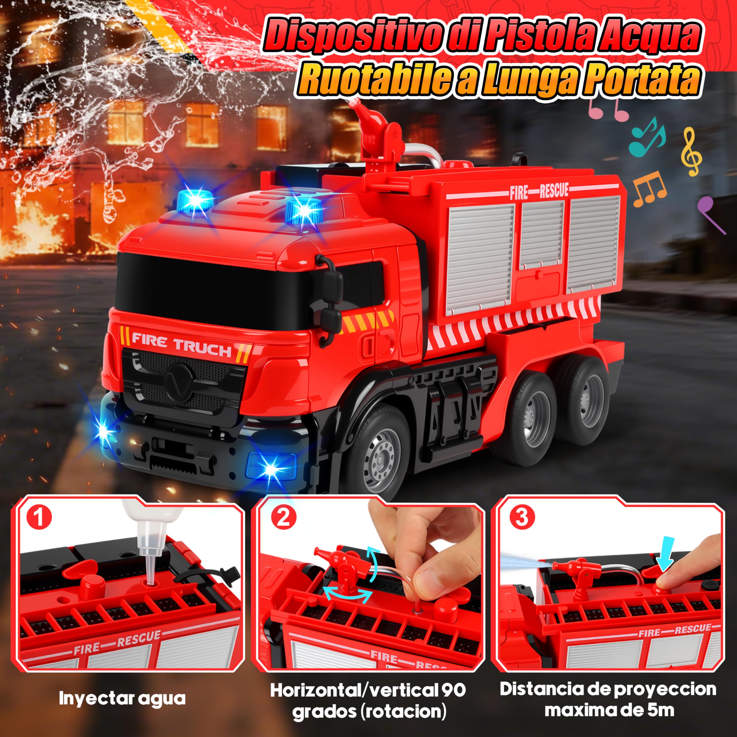 Charmofun Camion Pompieri Giocattolo Telecomandato, Autopompa Vigili del Fuoco con Luci e Suoni, Pompiere Giocattoli con Irrigatore, Trasforma Robot e Macchina Telecomandata, Regalo Bambini