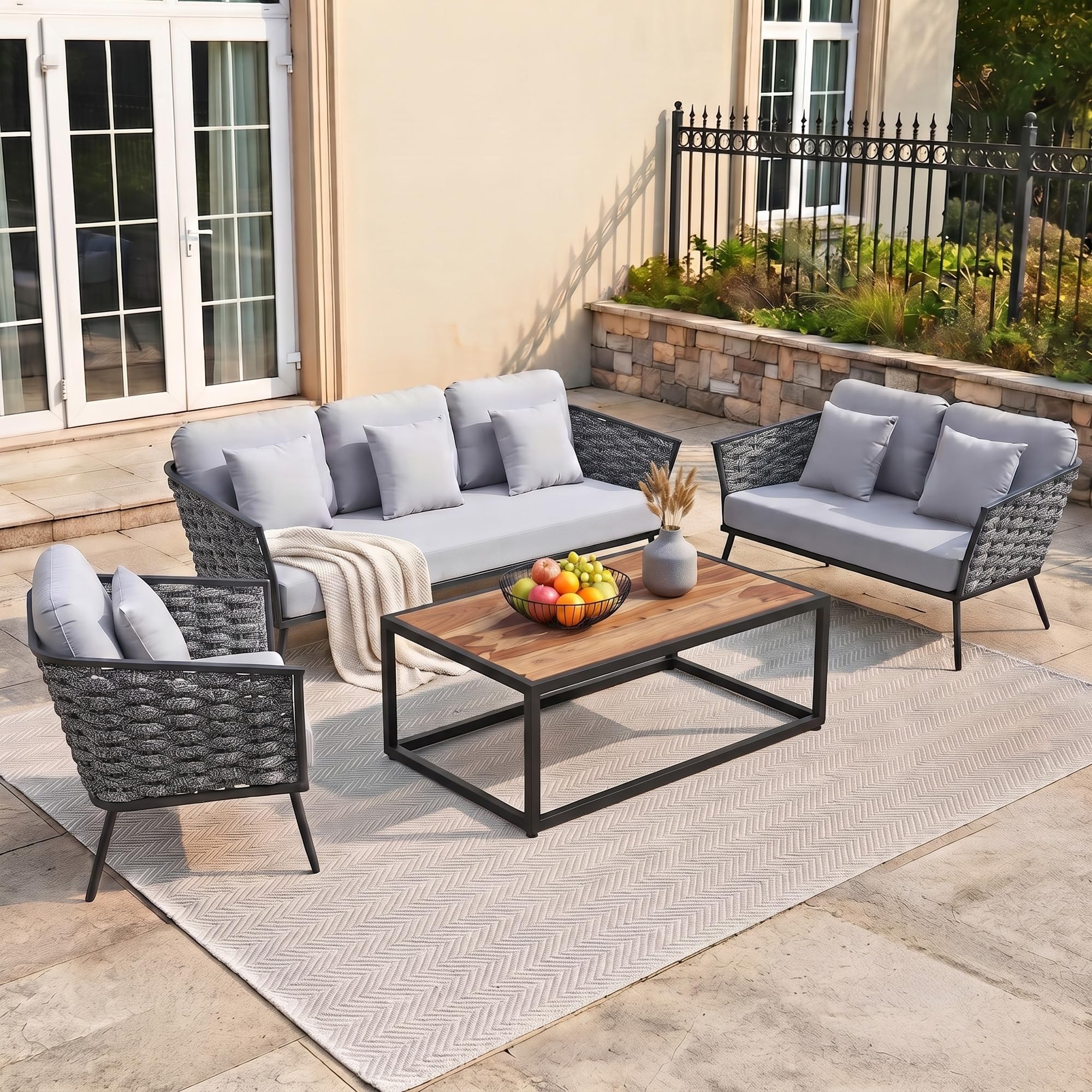 DEVOKO 6-Seater Outdoor Rope Conversation Set with Wooden Top Table Water-Resistant Cushions, Strong Metal Frame High Weight Capacity Furniture for Garden, Terrace, Backyard(Blackish Grey & Grey)