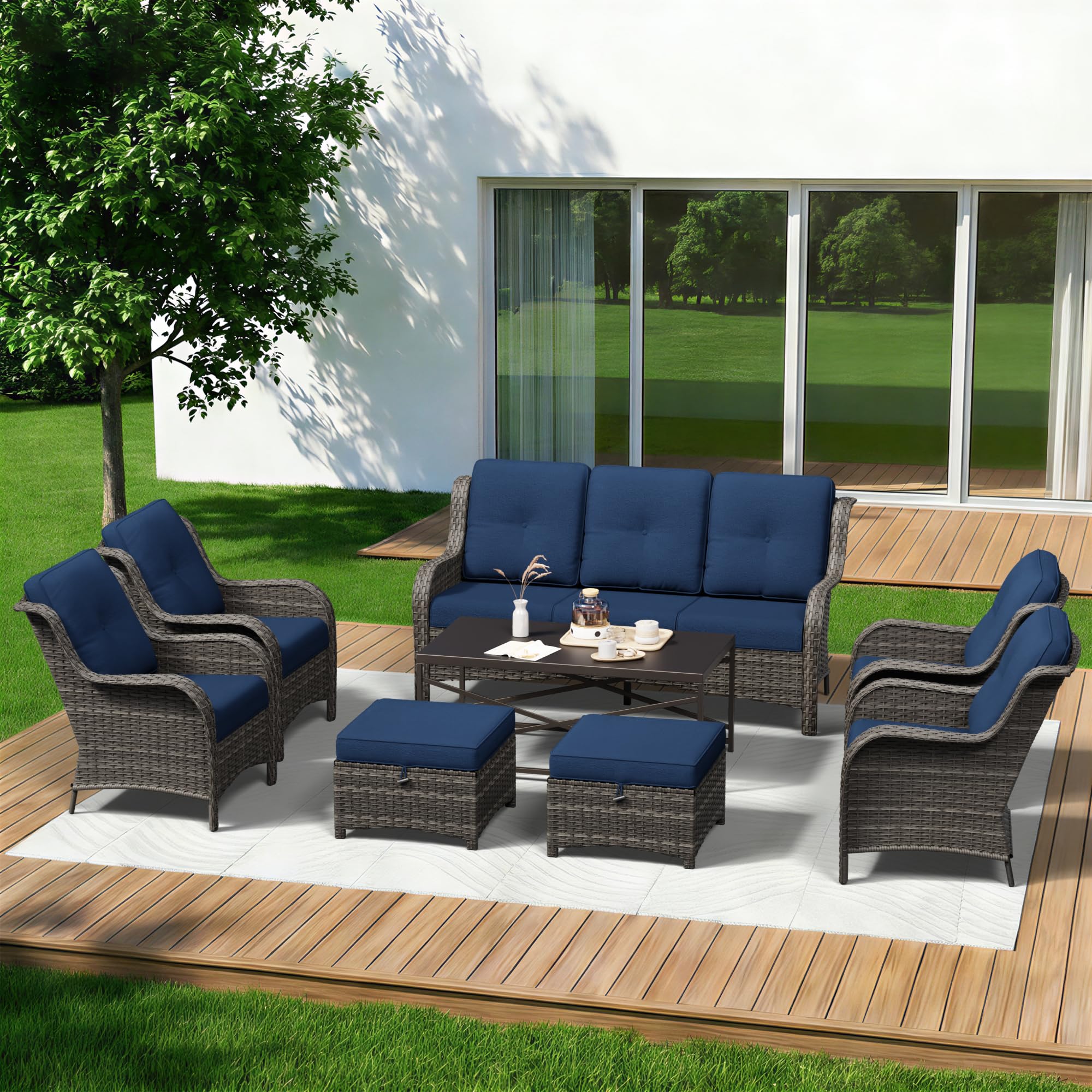 8 Piece Outdoor Wicker Patio Furniture Set, Patio Chairs Set with Thickened Olefin Cushions, High Back and Deep Seating, Hand-Woven PE Rattan, Ottoman for Porch, Deck