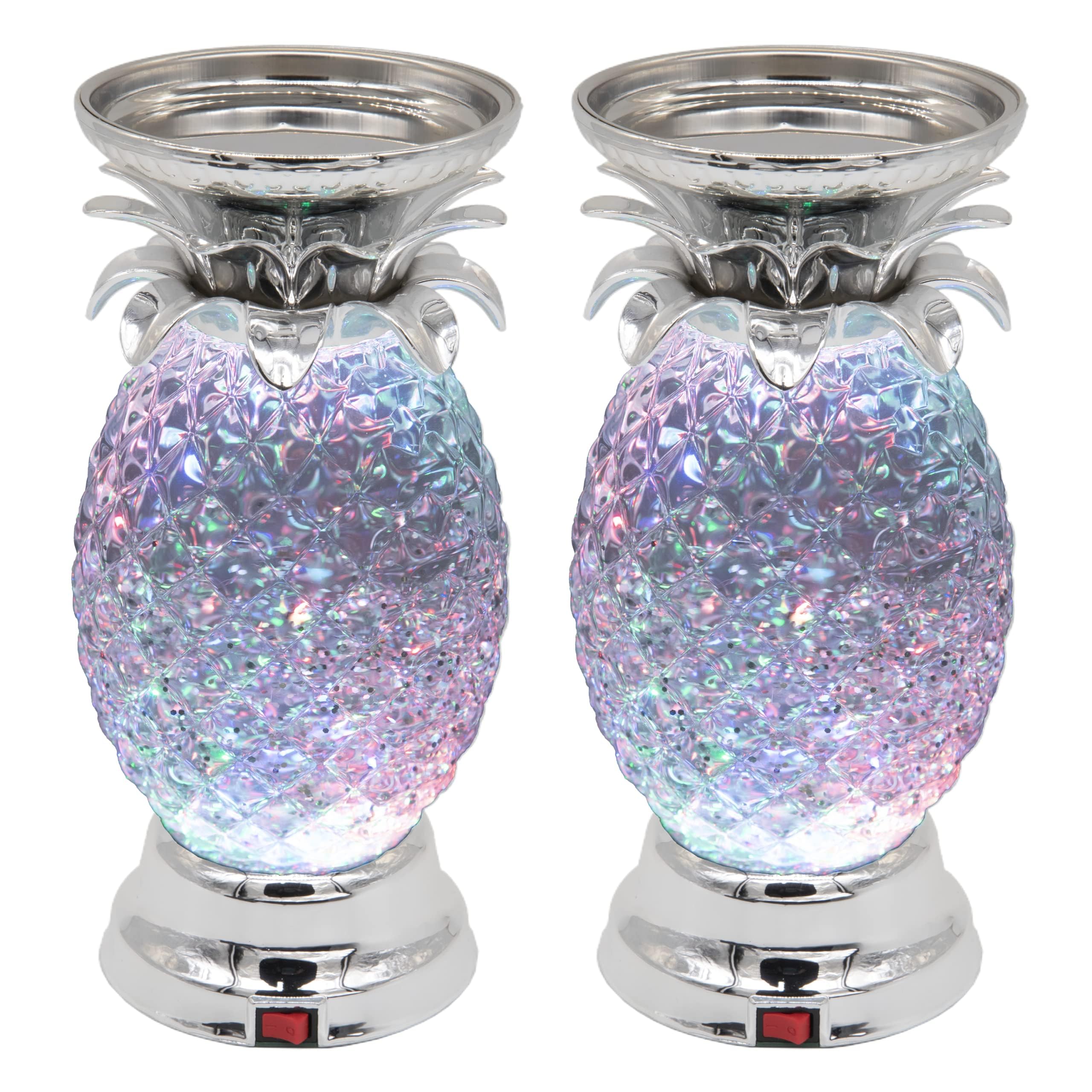 YAKii 9.5" Pineapple LED Color Changing Shine Candle Holder,Swirling Water Waves Lamp Kid Safe Battery/USB Cable Operated,Table Lamp Candle Holder Table Decoration Silver(Pack of 2)