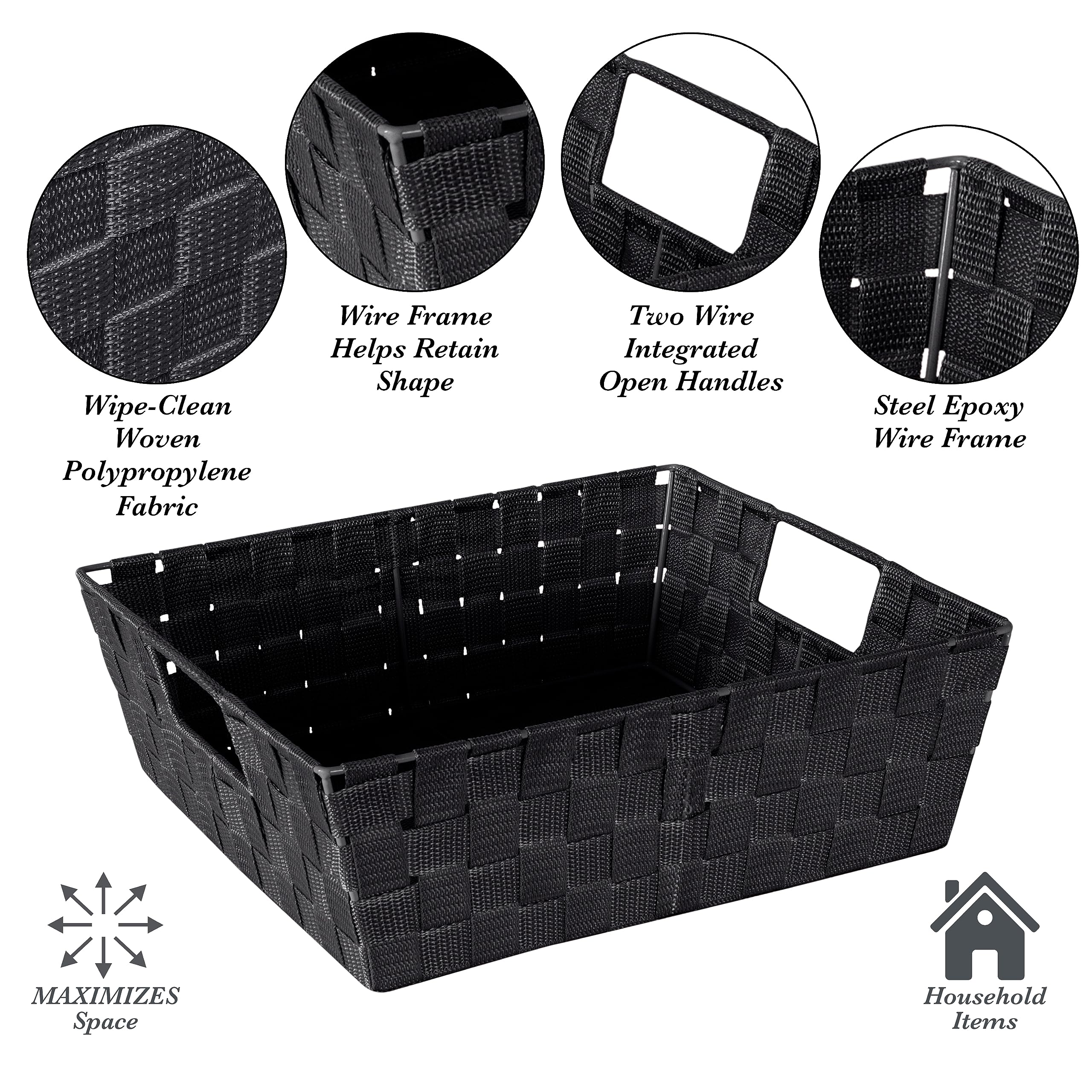 Simplify Large Shelf Woven Strap Tote | Decorative Storage Basket | Built in Handles | Organization | Closet | Bedroom | Bathroom | Nursery | Accessories | Toys | Gifts | 1 Pack | Black