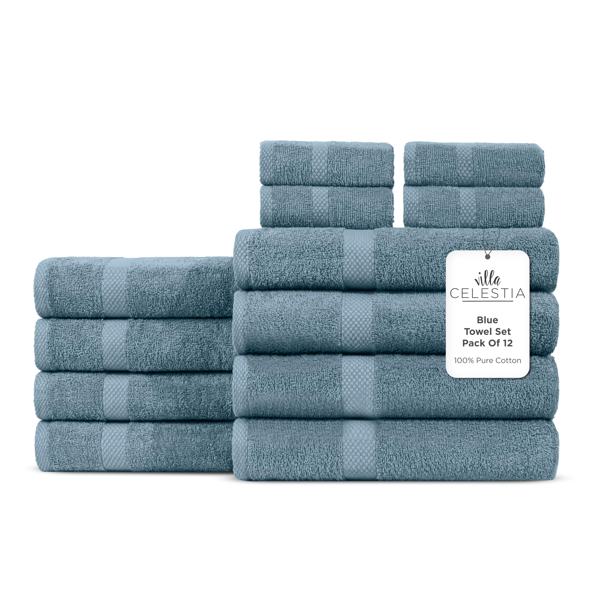 Villa Celestia 12-Piece 100% Cotton Towel Set, 4 Bath Towels, 4 Hand Towels, 4 Wash Cloth, Quick-Dry, Blue