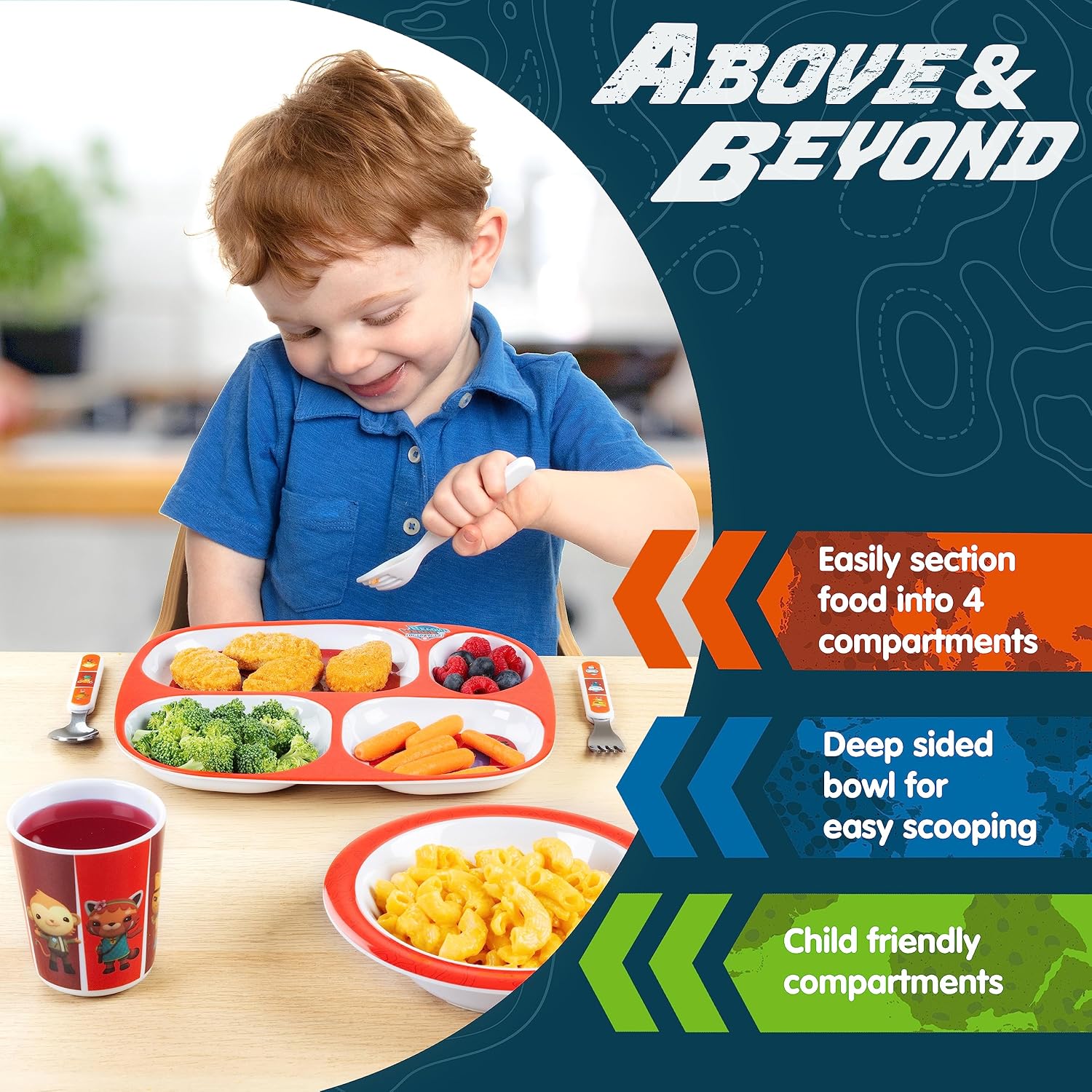 Octonauts 5 Pcs Mealtime Divided Plate Feeding Set for Kids -Red Terra Gups- Includes Raised Edge Plate & Bowl, Cup, Stainless Steel Fork & Spoon-Durable, Dishwasher Safe, BPA Free - Gift for Toddlers