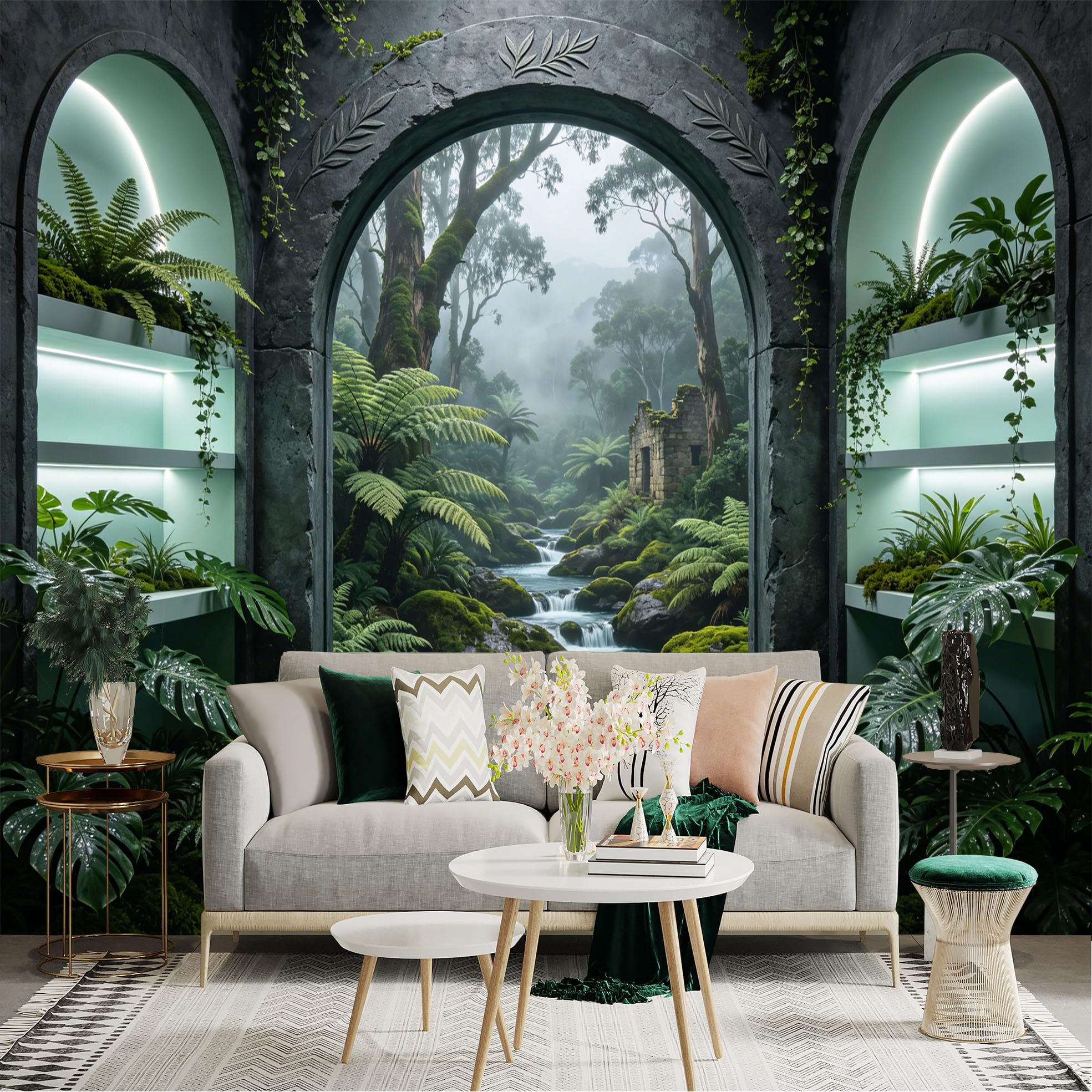 Lnzczhyre Dbh260521543 Custom Size Wall Sticker Mural， Ancient Stone Archway， Misty Forest Stream， Tropical Ferns， Mossy Ruins， For Wall Decoration， Peelandstick Wall Decals.