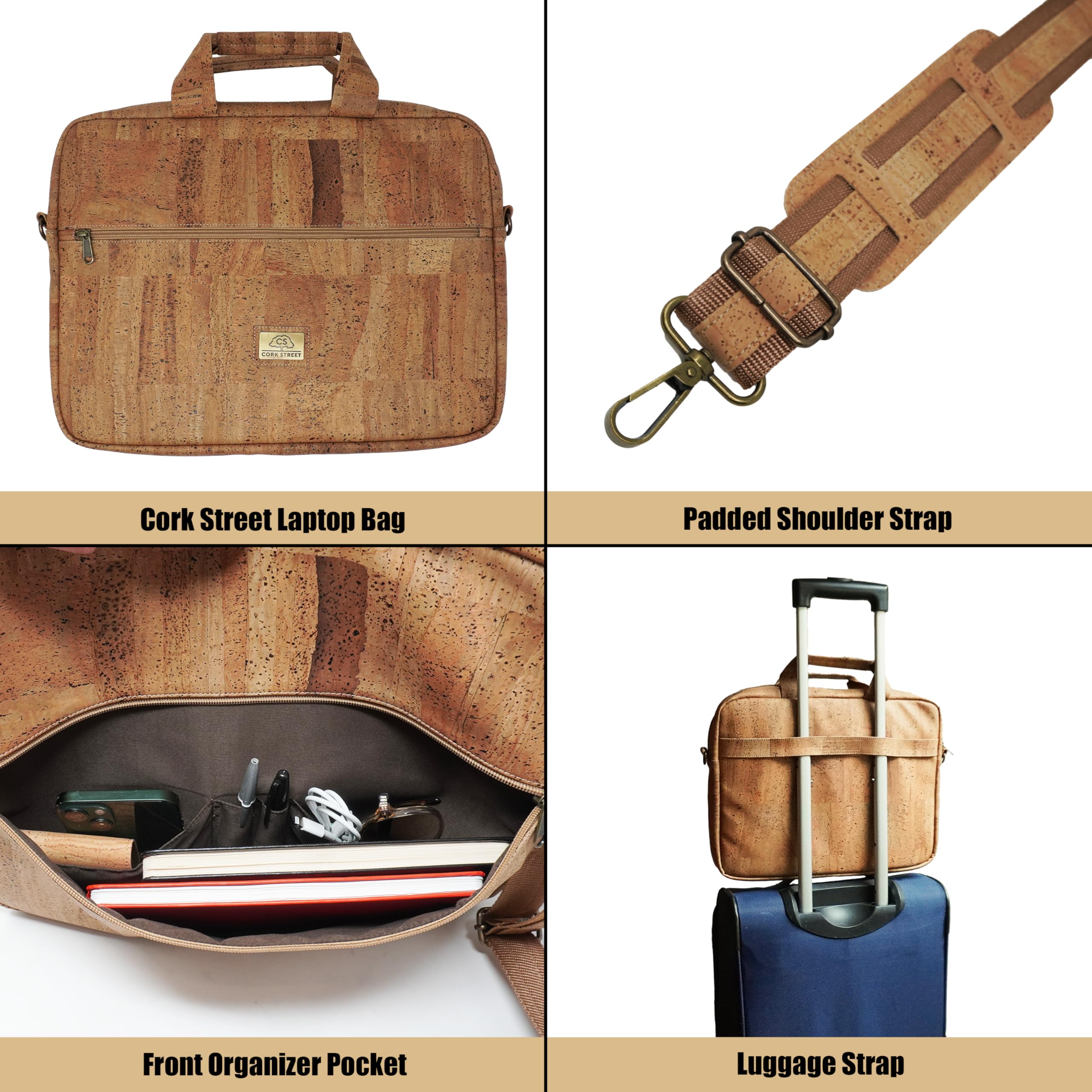Sac pour ordinateur portable en liège Portugal de qualité supérieure | Mallette durable de 40,6 cm avec housse de bagage et bandoulière, Taco, Laptop Bag