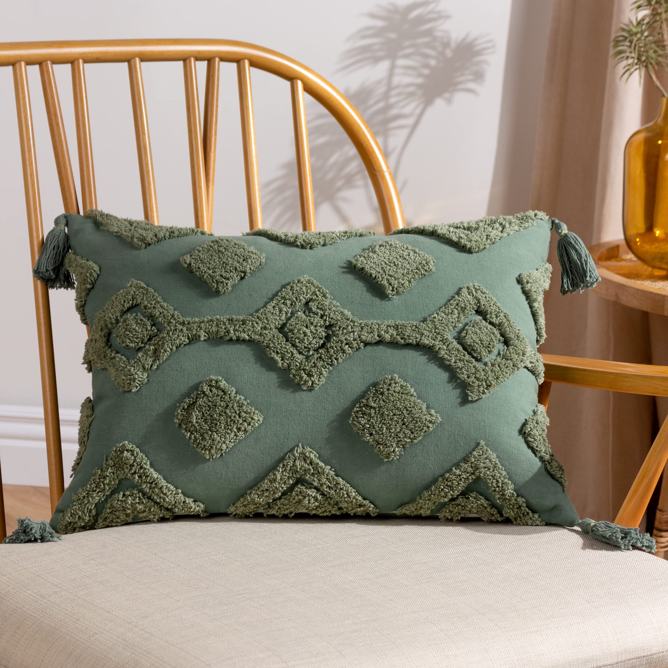 furn. Dharma Tufted Tasselled Feather Filled Cushion - Twin Pack, Eucalyptus, 35 x 50cm