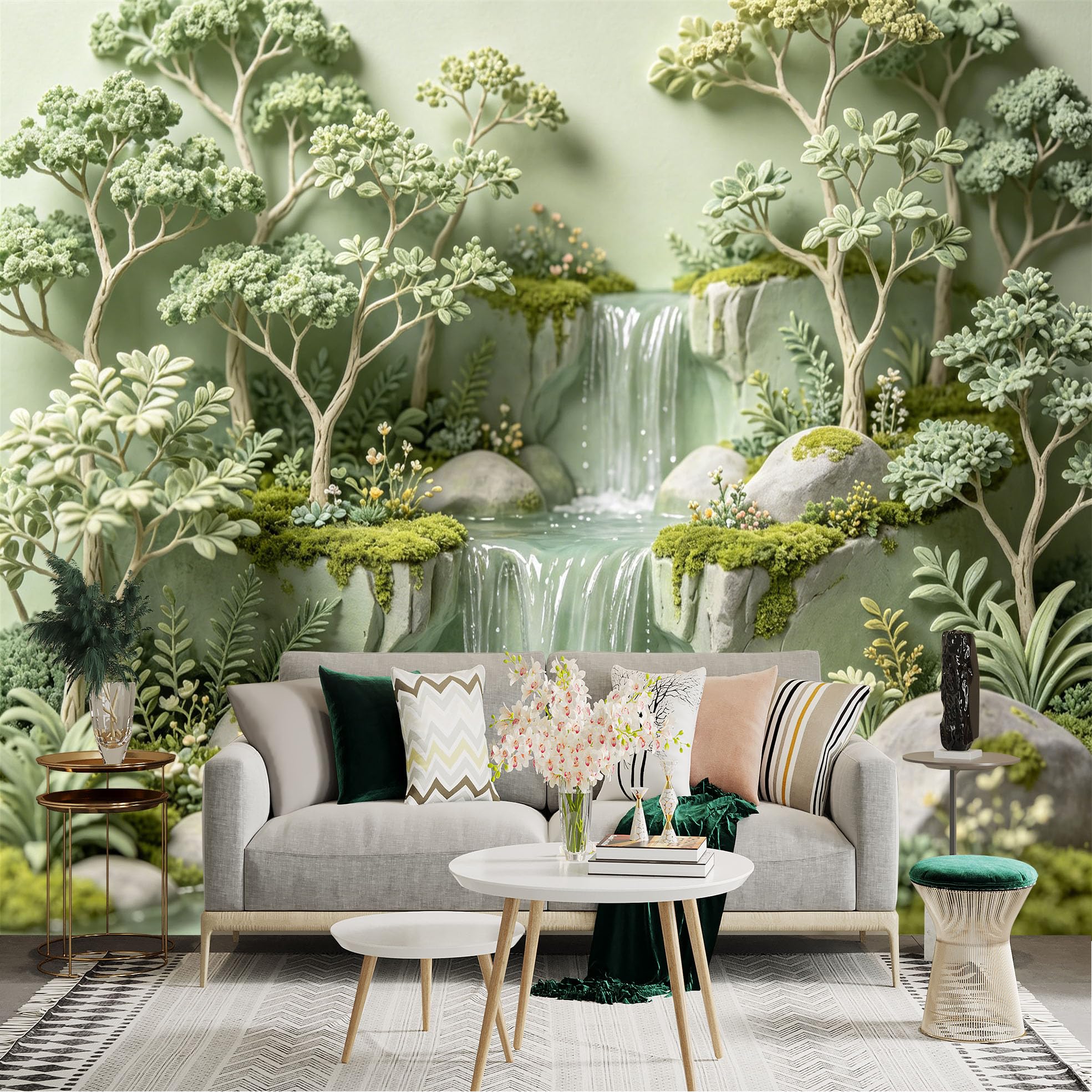 Lnzczhyre Dbh260521745 Custom Size Wall Sticker Mural， Soft Green Miniature Forest， Cascading Waterfall， Lush Mossy Rocks， Serene Nature Landscape， For Wall Decoration， Peelandstick Wall Decals.