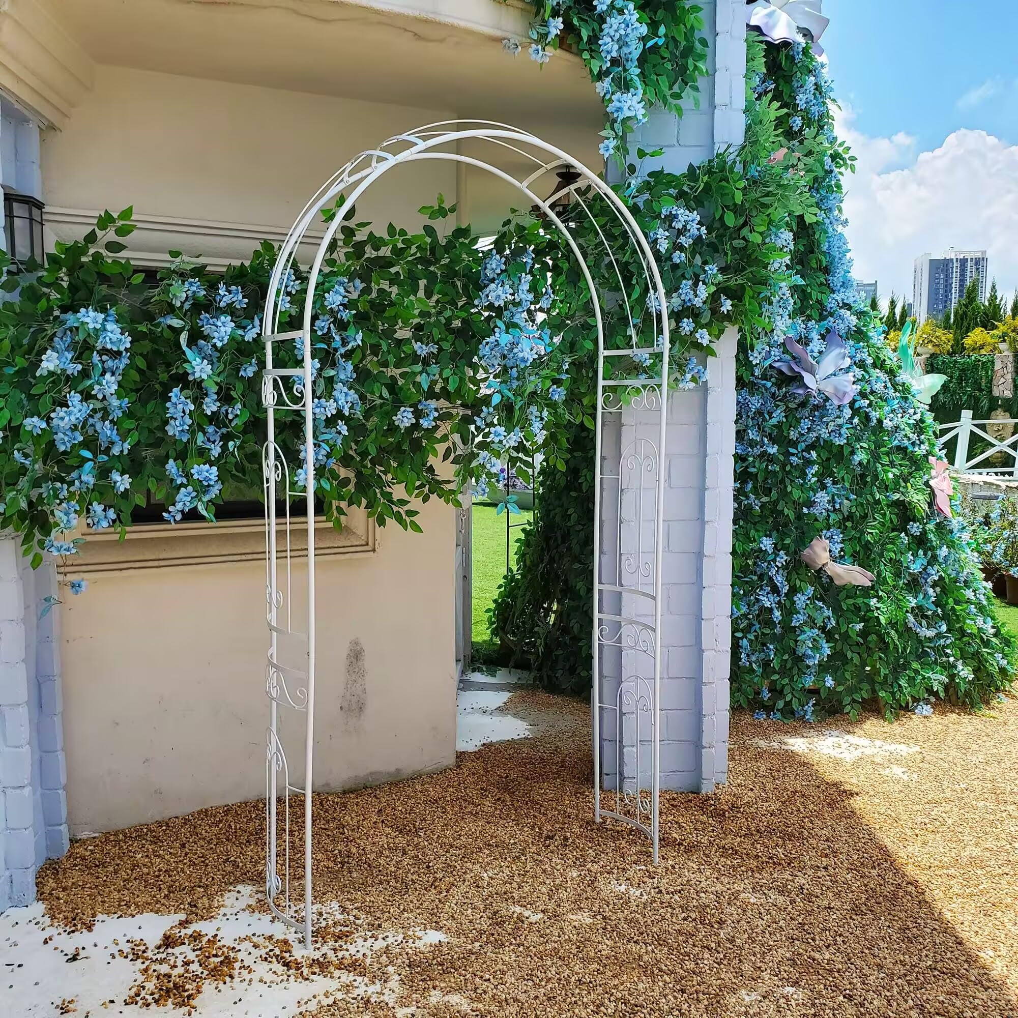 Weiß Rosenlaubengarten 242 x 114 x 35,5 cm Weißes Hochzeitsbogen Gartenbogen Metallbogen mit Eleganter Kurve für Kletterpflanzen, Rosen, Reben, Rasen, Garten, Patio, Outdoor-Zeremonie