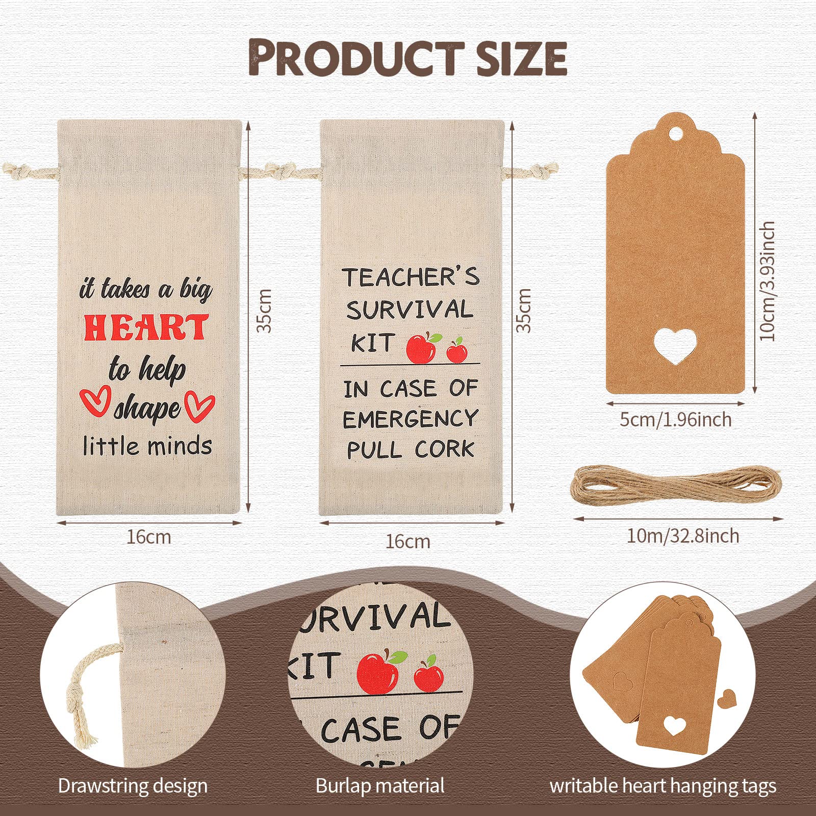 6 Pieces Teacher Appreciation Gift Wine Bags for Women Men, Burlap Wine Bottle Bags with Drawstrings and Tags End of Year Graduation Thank You Gifts for Teacher