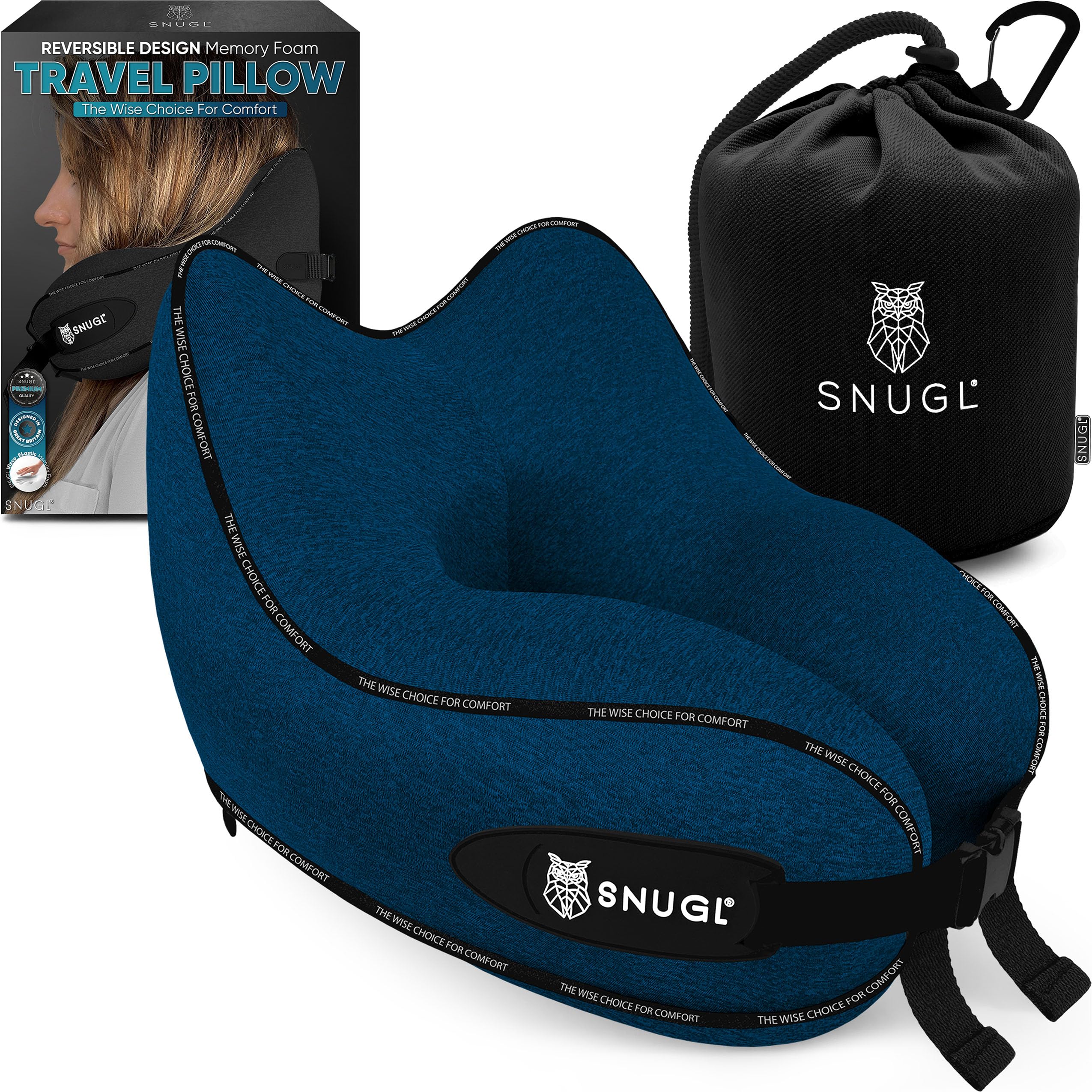 SNUGLTravel Pillow – Memory Foam Pillows - Neck Pillow for Airplane with Carry Bag & Clip – Neck Support Pillows for Pain Relief - Airplane Travel Essentials (Adult Regular - Navy)