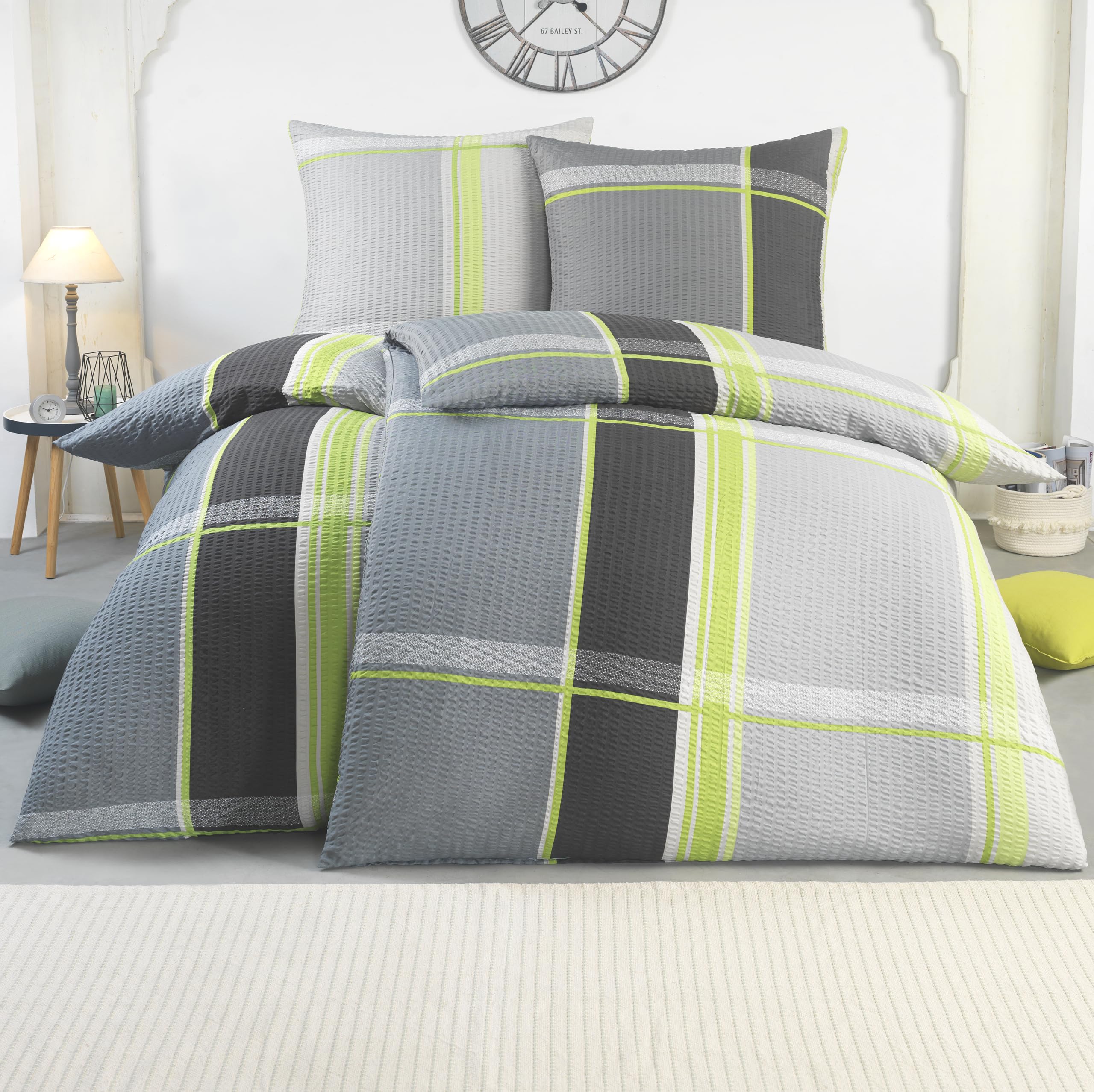 BaSaTex Mikrofaser Seersucker Bettwäsche Set 4 teilig - bügelfreie Microfaser Bettgarnitur Öko-Tex Zertifiziert - 2X 135x200 cm + 2X 80x80 cm - Design: Luca Grau Grün