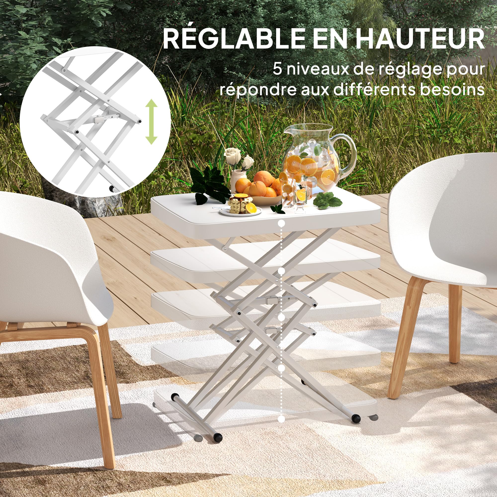 Outsunny Table d'appoint de Jardin Pliable en HDPE, Table Pliante extérieur avec Hauteur réglable sur 5 Niveaux, pour patios et Jardins, 65 x 45 x 70 cm, Blanc