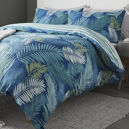 Fusion &Quot;Tropical Housse de Couette Dessus Grande Feuilles et Revers à Rayures, Bleu Sarcelle, Simple
