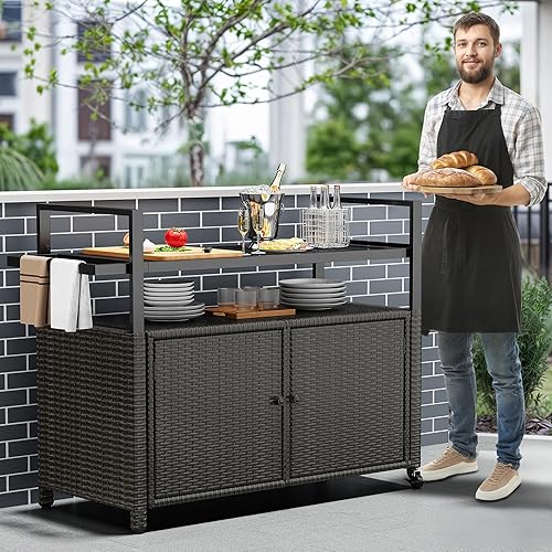 Miniatura 3 de YITAHOME Gabinete de almacenamiento para exteriores XL, carrito de almacenamiento al aire libre con ruedas y mesa de cristal negro para patio,