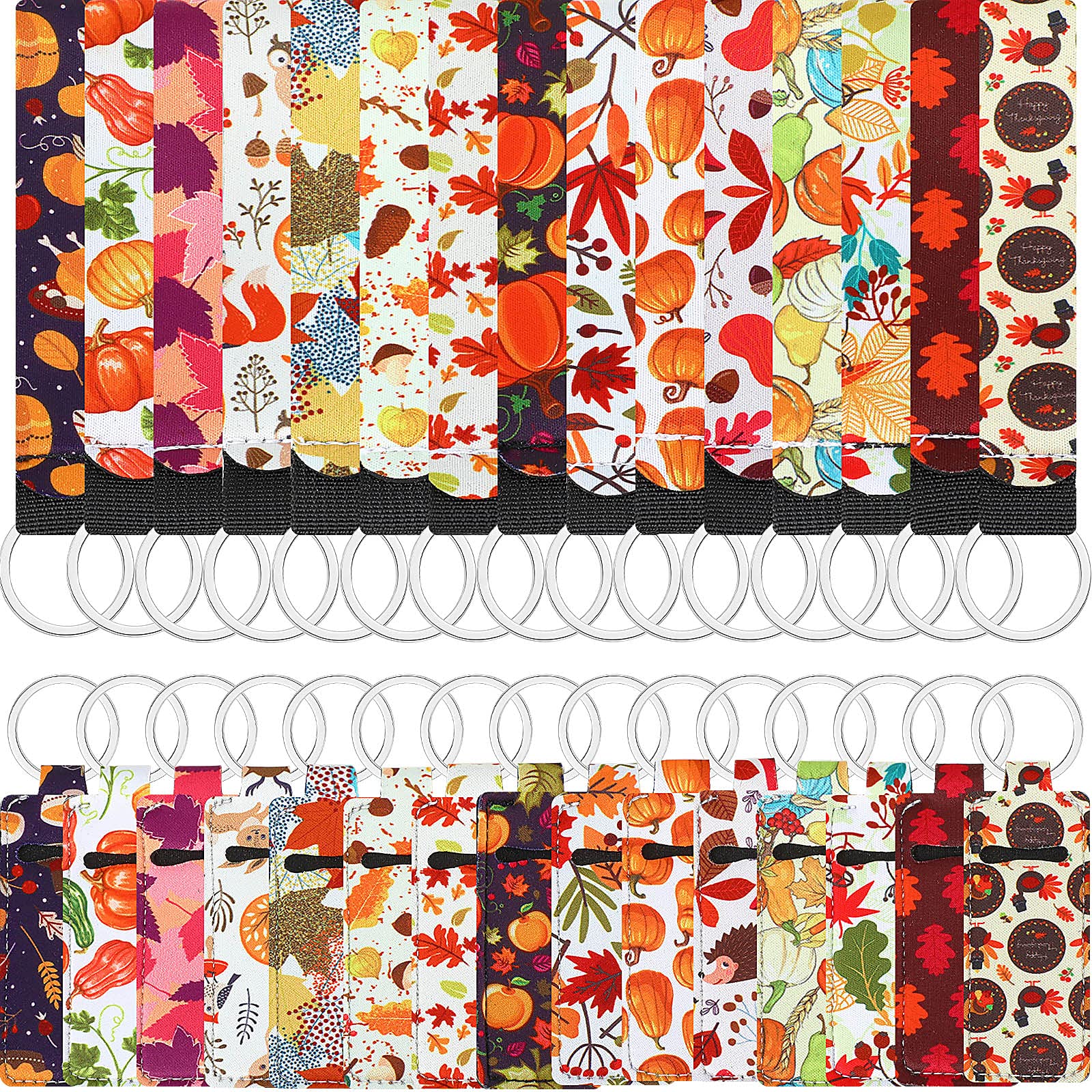 Hicarer 30 Pcs Thanksgiving Lipstick Holder Keychain with Wristlet Lanyard Fall Neoprene Lipstick Holder for Lip Balm Pouch Key Chain