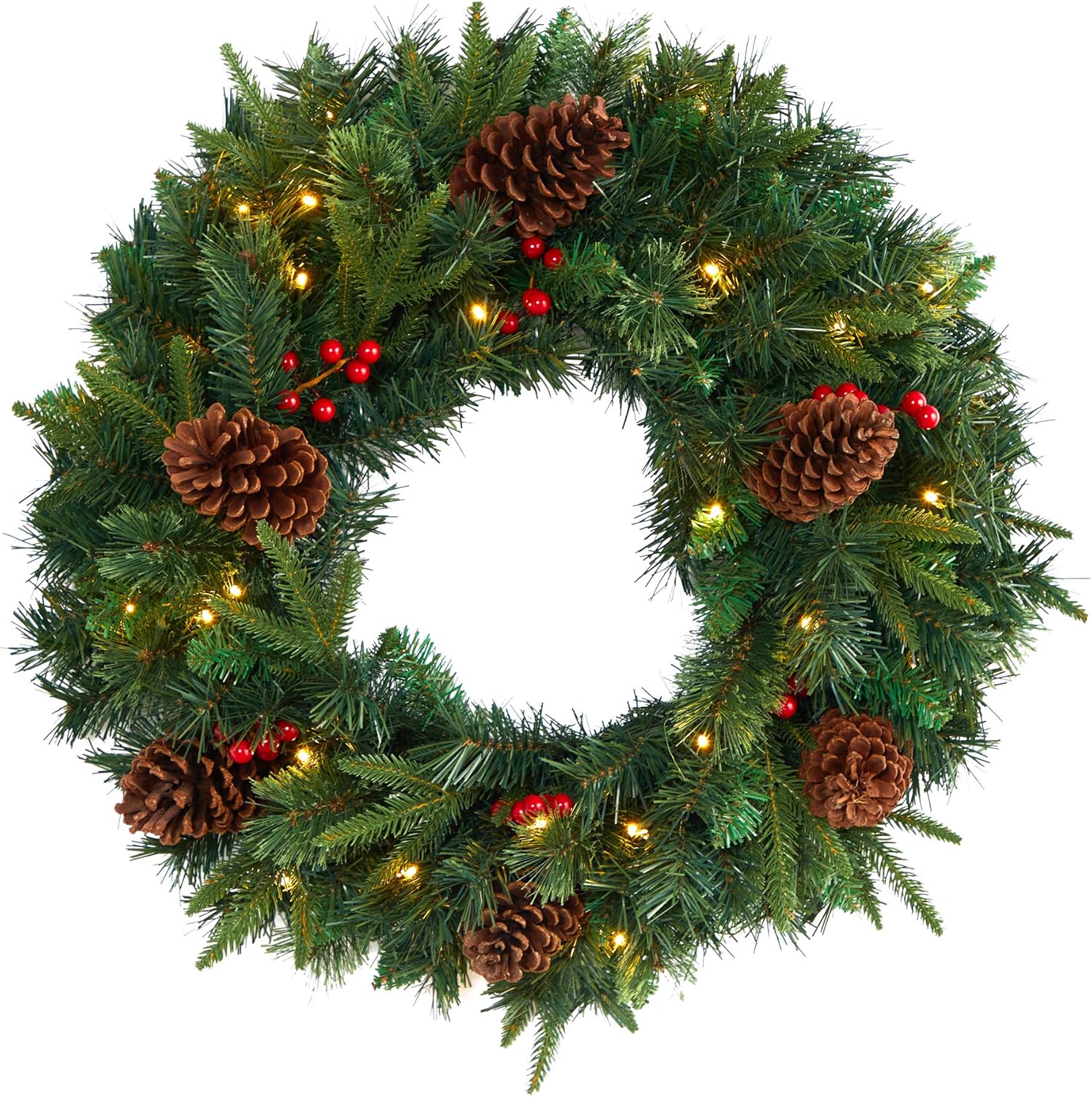 Nearly Natural 24in. Mixed Pine Artificial Christmas Wreath with 35 Clear LED Lights and Berries
