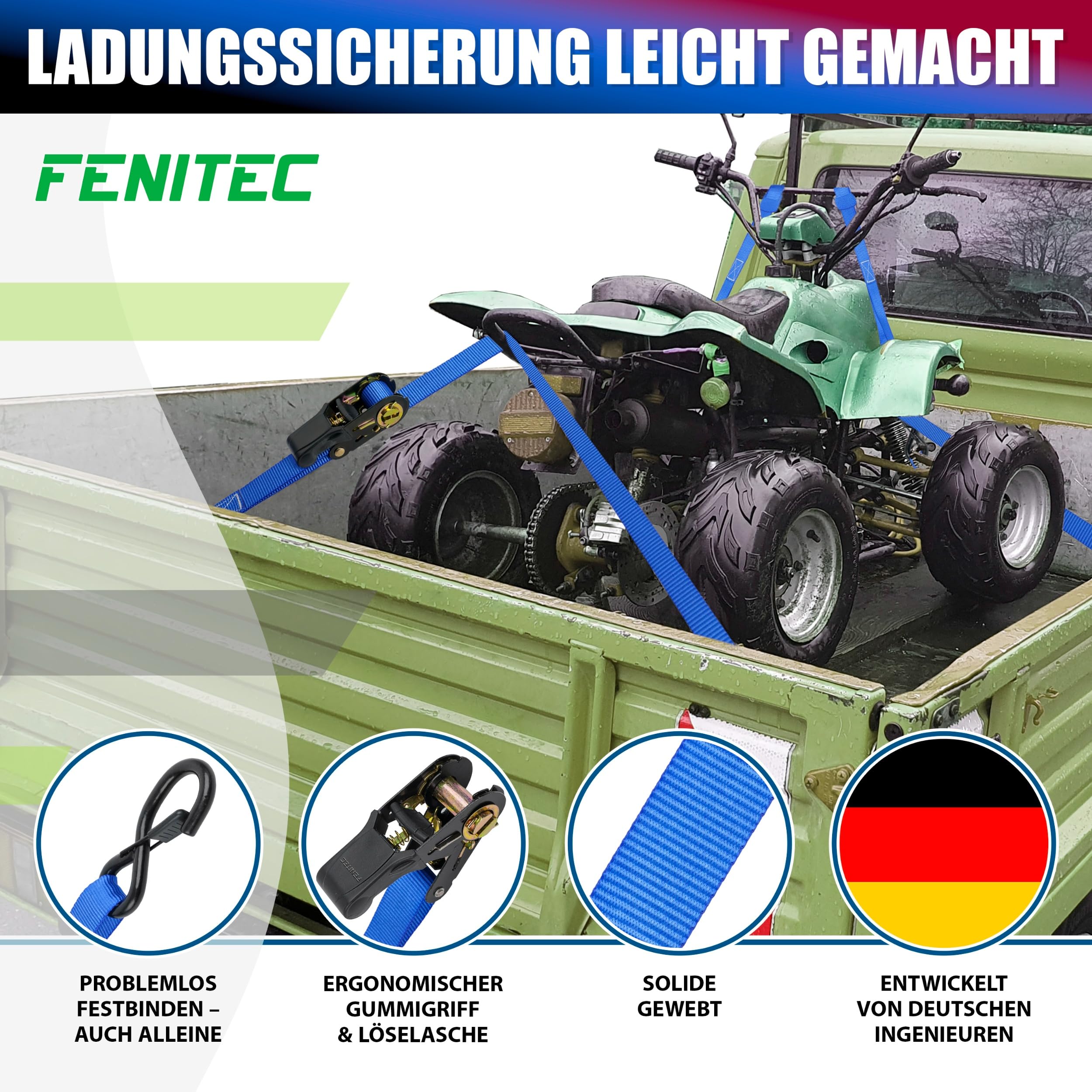 4X Spanngurte mit Ratsche und Haken 5m 25mm – 1000kg Bruchlast – TÜV/GS EN 12195-2 geprüfte Zurrgurte – Doppelnaht – Ratschengurte Set zur Ladungssicherung bei jedem Wetter (Blau, 1000 kg)
